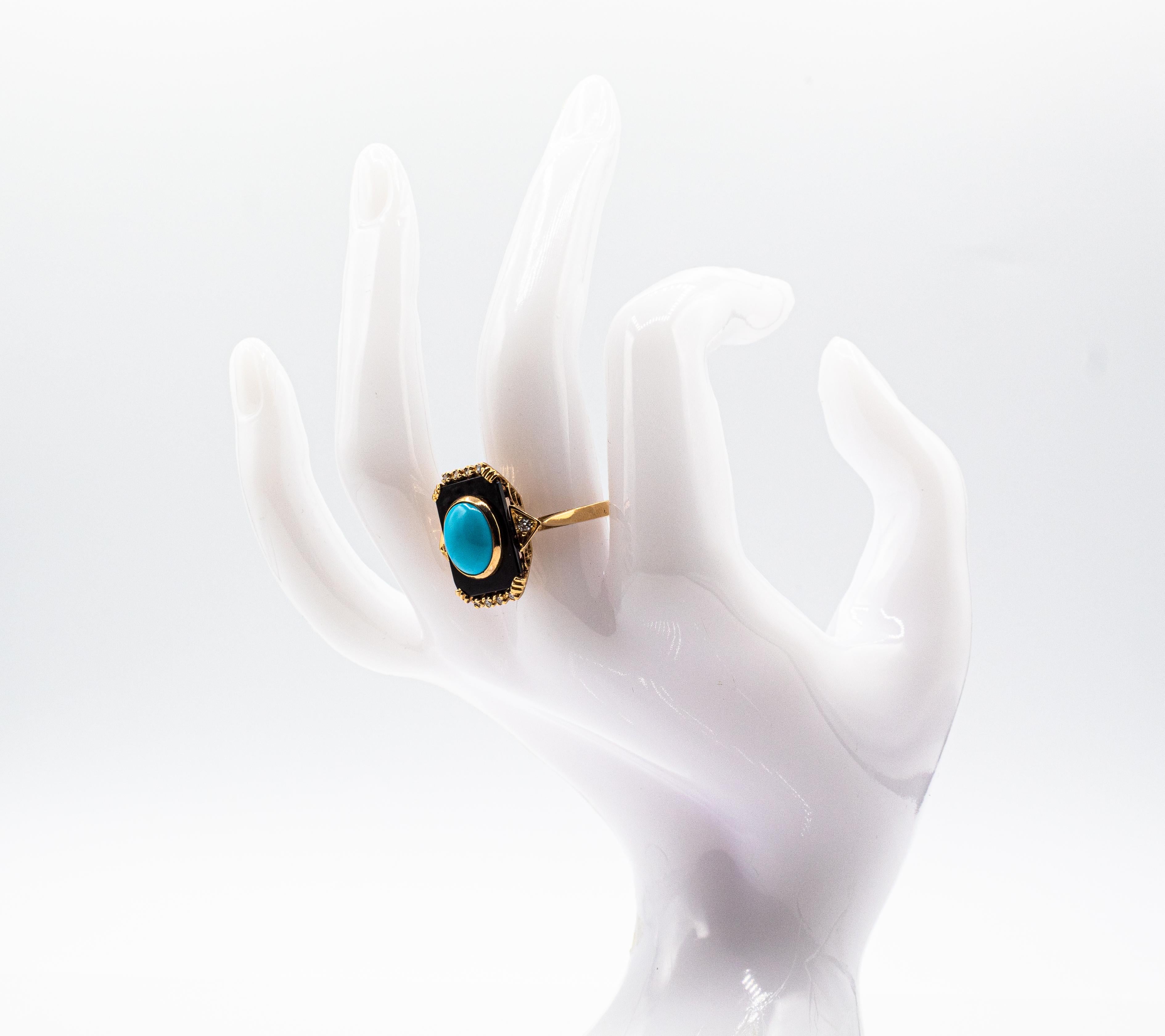 Art Deco Style Turquoise Onyx 0.18 Carat White Diamond Yellow Gold Cocktail Ring 10