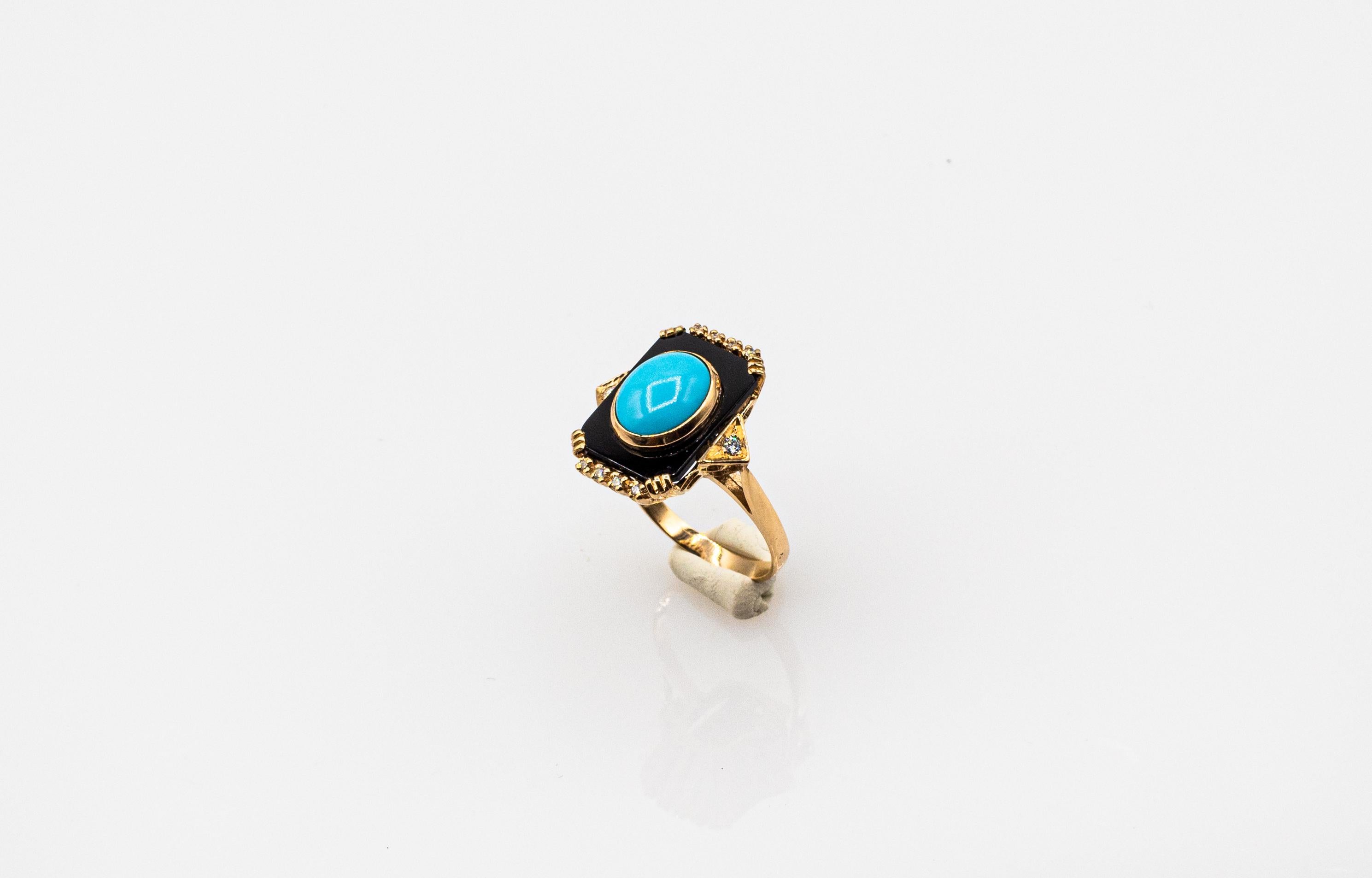 Cabochon Art Deco Style Turquoise Onyx 0.18 Carat White Diamond Yellow Gold Cocktail Ring For Sale