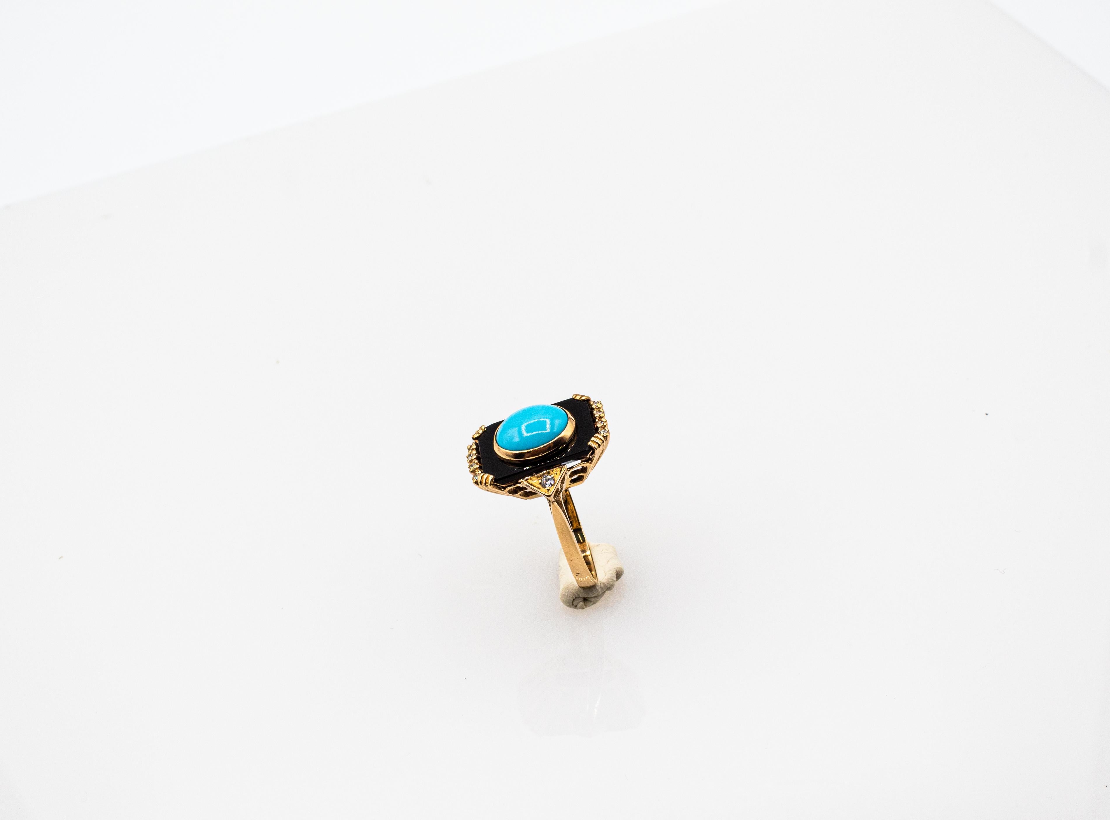 Art Deco Style Turquoise Onyx 0.18 Carat White Diamond Yellow Gold Cocktail Ring In New Condition In Naples, IT
