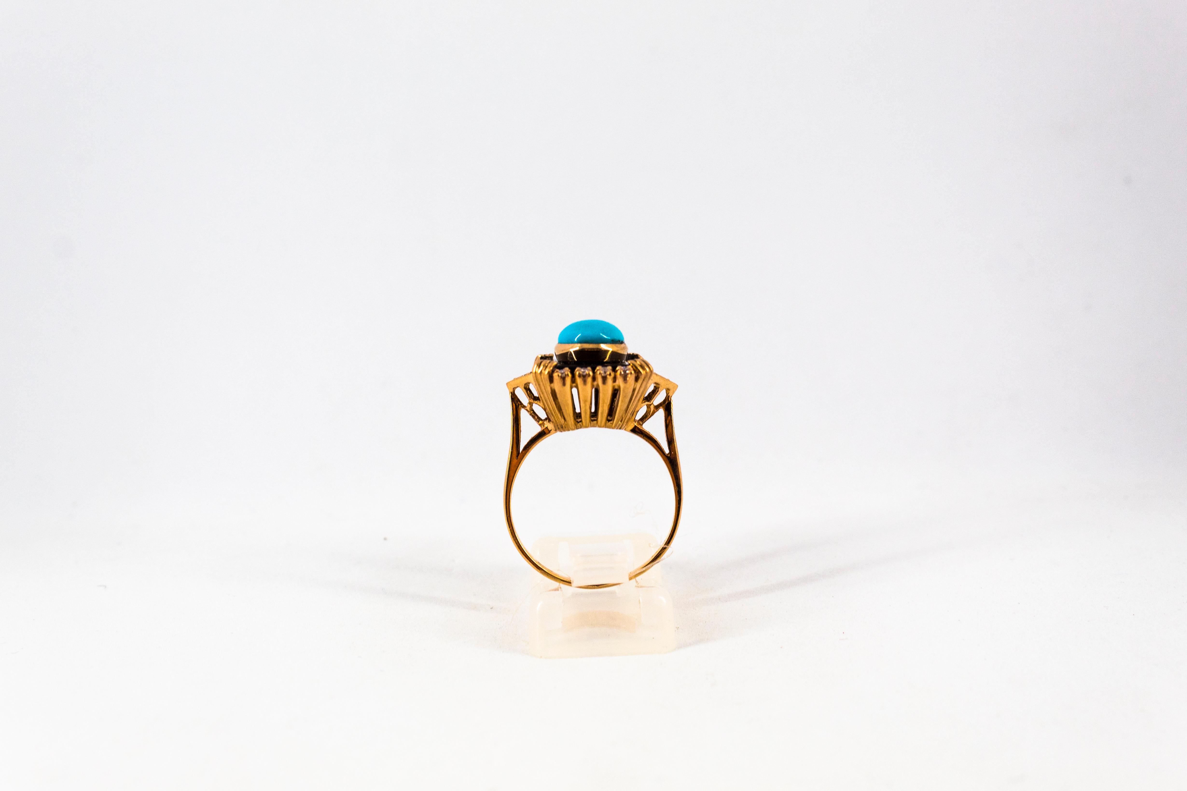 Cabochon Art Deco Style Turquoise Onyx 0.18 Carat White Diamond Yellow Gold Cocktail Ring