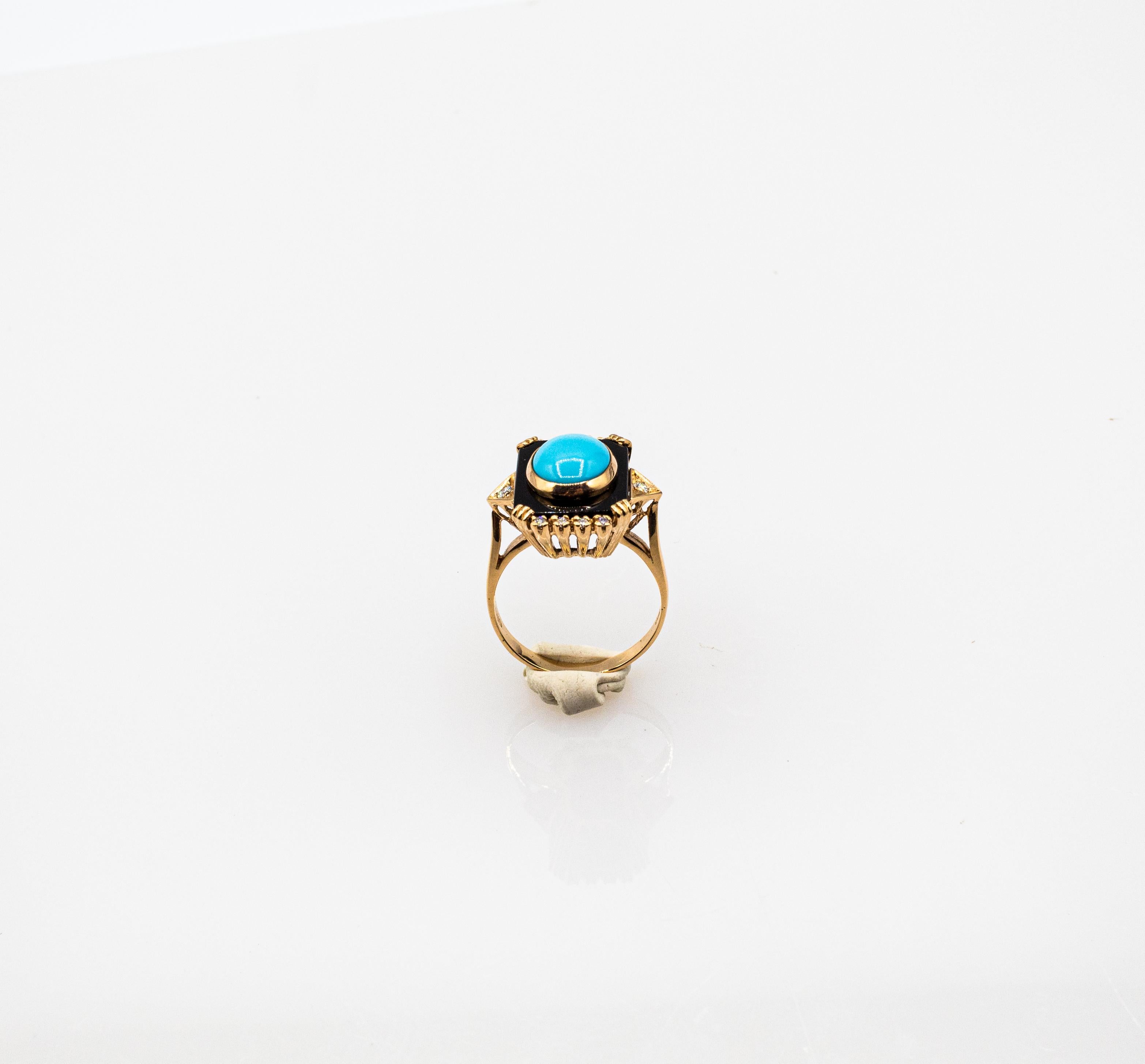 Women's or Men's Art Deco Style Turquoise Onyx 0.18 Carat White Diamond Yellow Gold Cocktail Ring