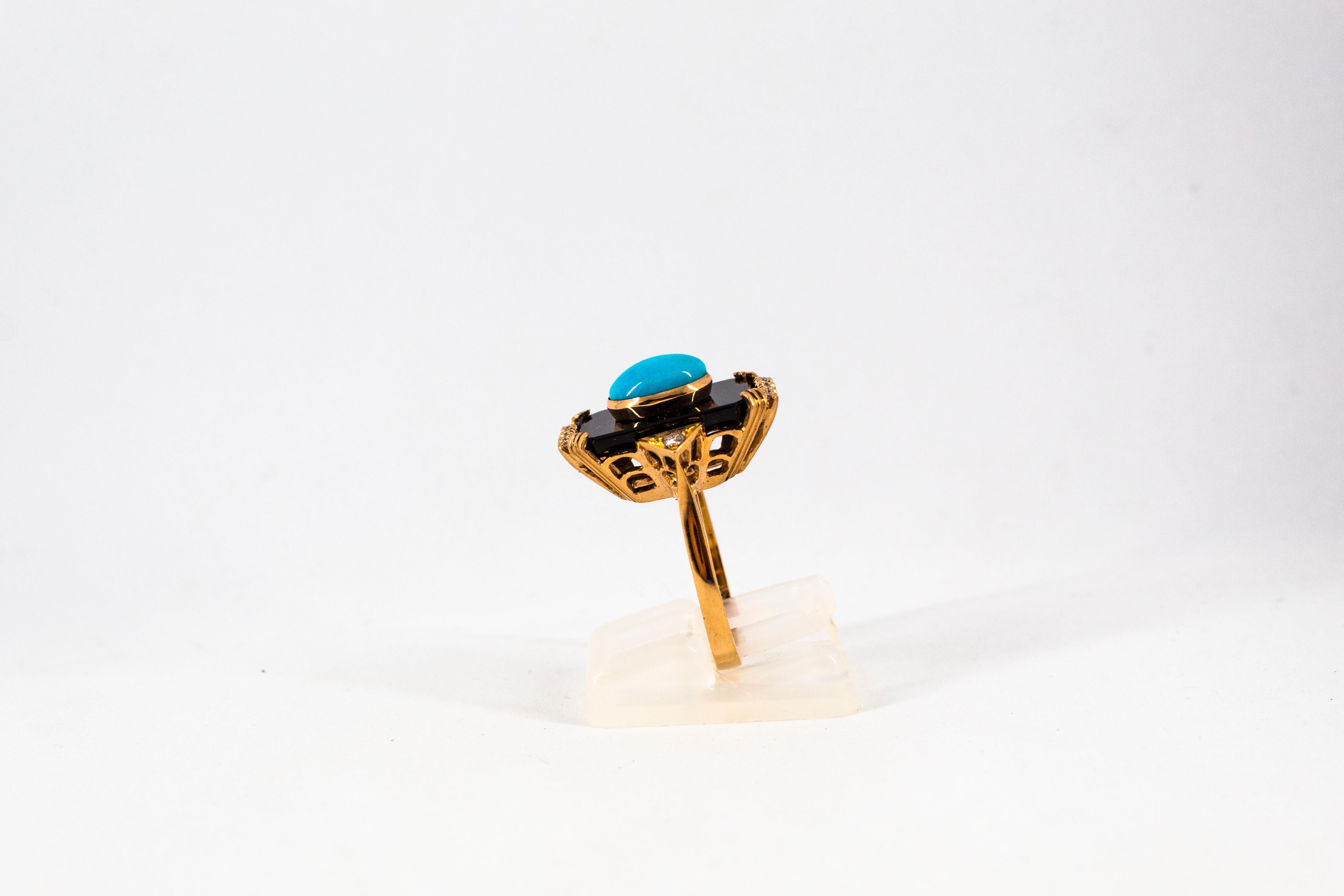 Art Deco Style Turquoise Onyx 0.18 Carat White Diamond Yellow Gold Cocktail Ring In New Condition In Naples, IT