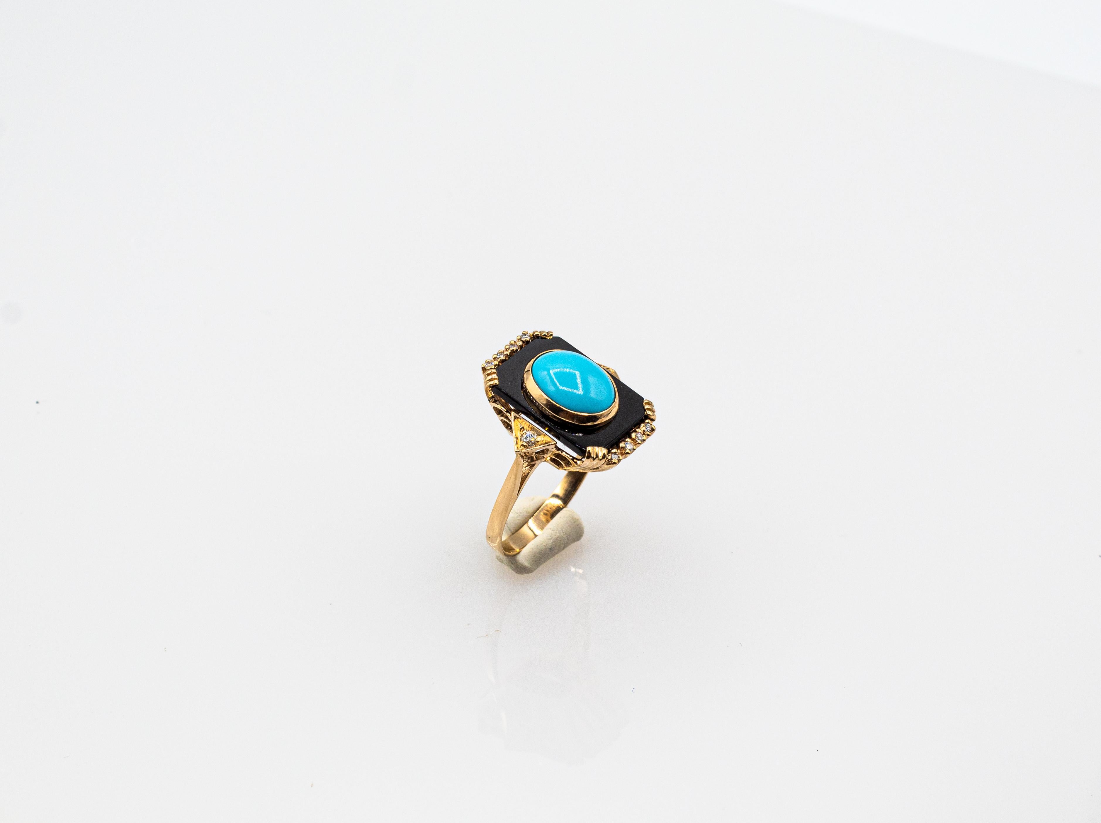 Art Deco Style Turquoise Onyx 0.18 Carat White Diamond Yellow Gold Cocktail Ring 1