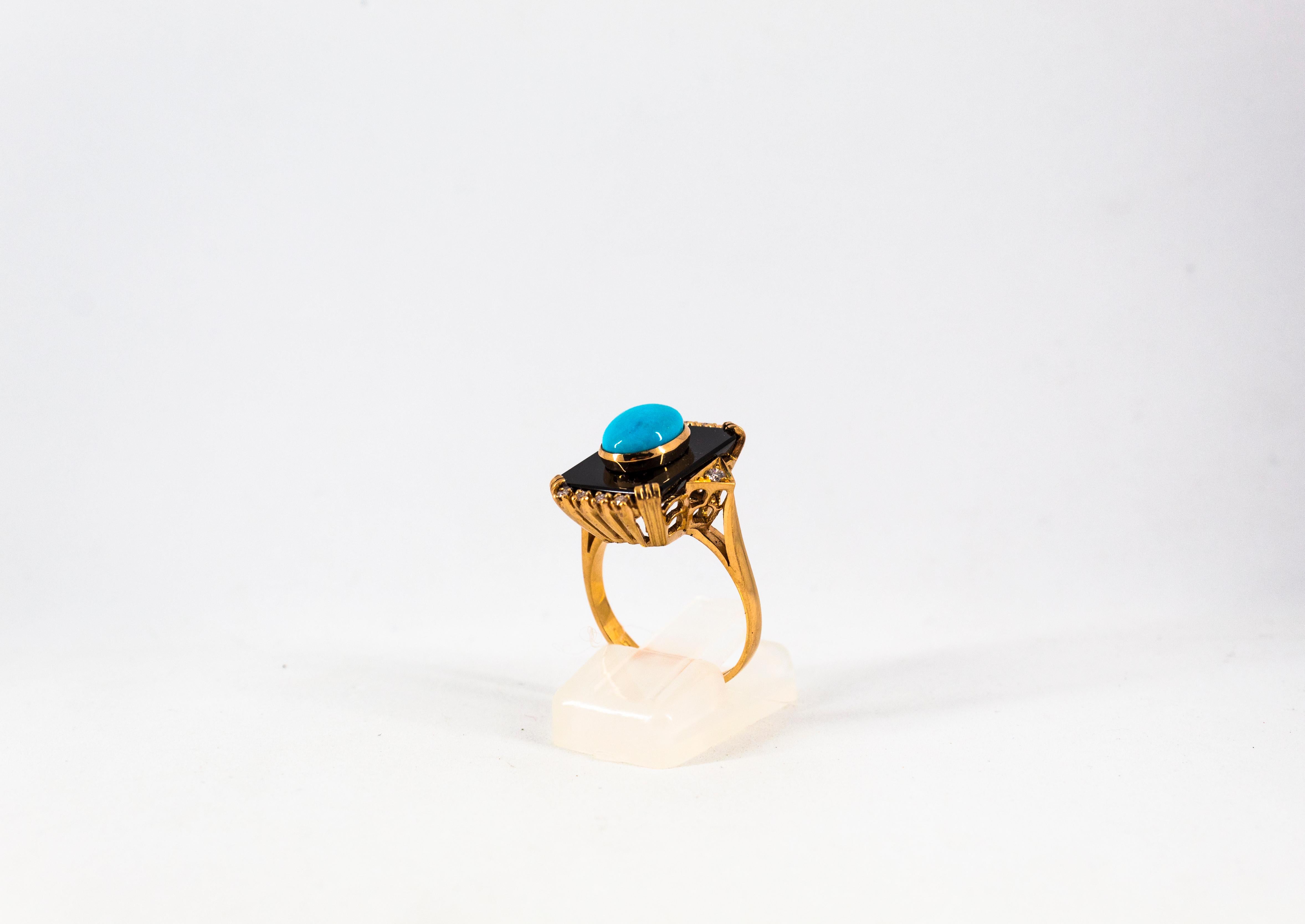 Women's or Men's Art Deco Style Turquoise Onyx 0.18 Carat White Diamond Yellow Gold Cocktail Ring