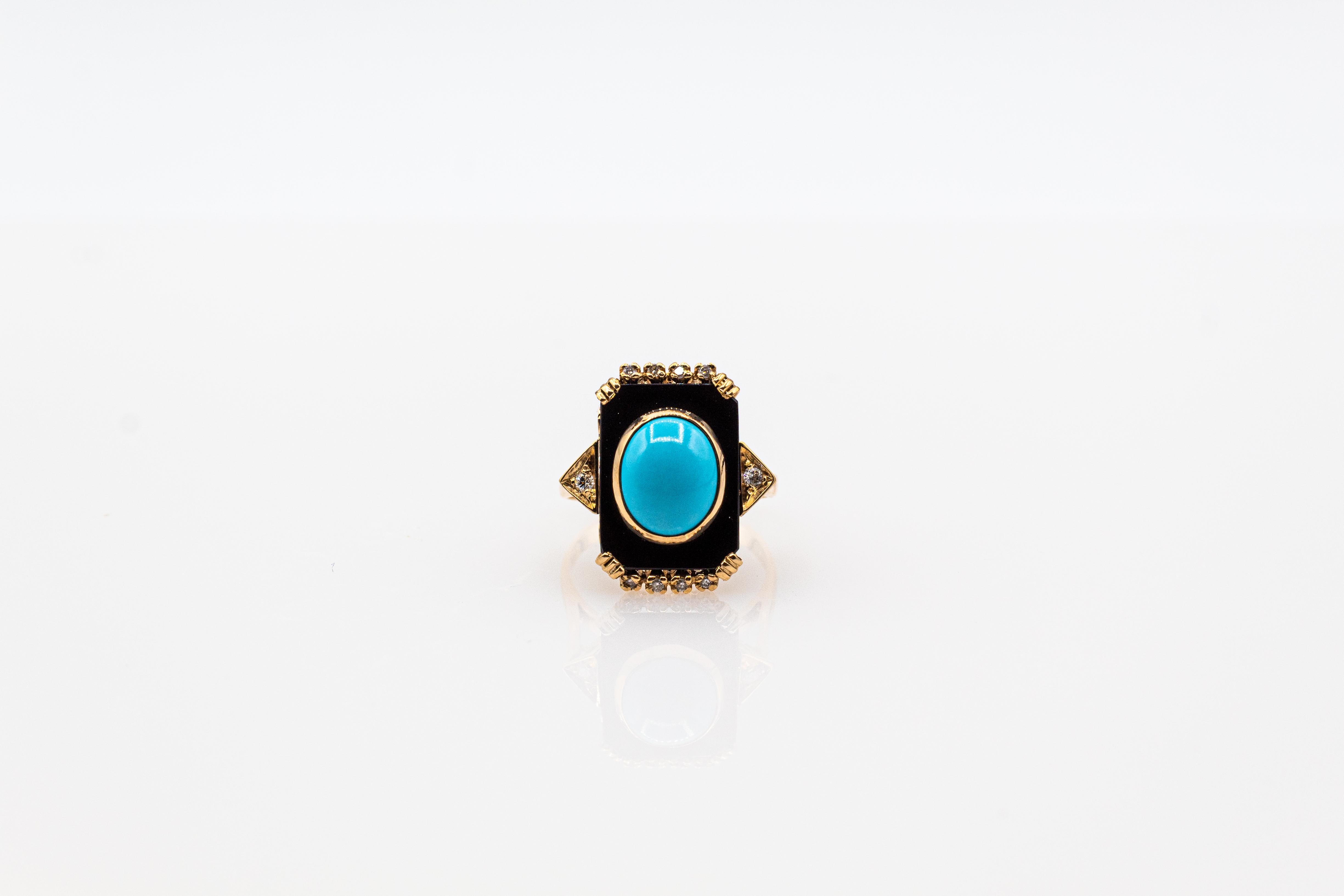 Art Deco Style Turquoise Onyx 0.18 Carat White Diamond Yellow Gold Cocktail Ring For Sale 2