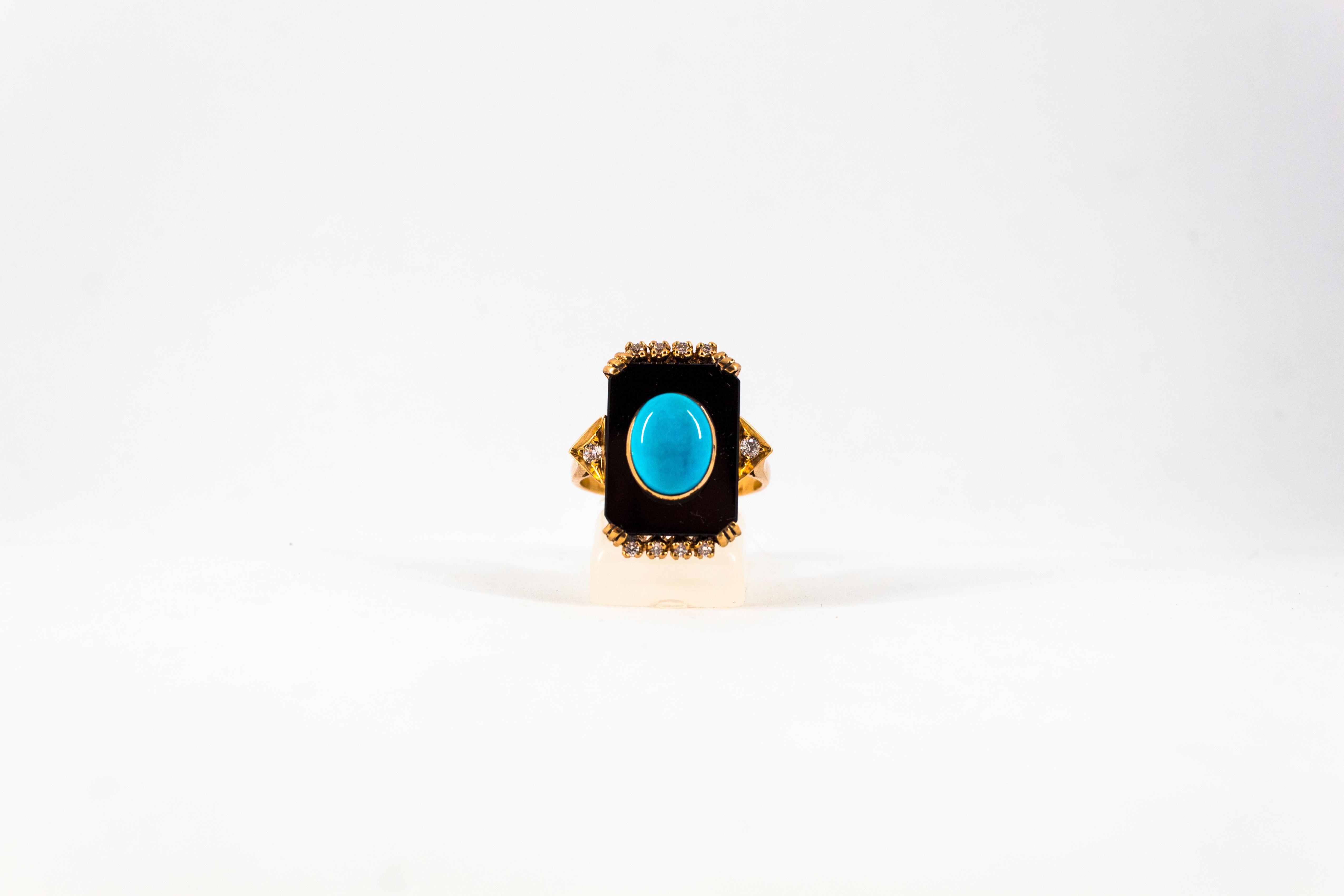 Art Deco Style Turquoise Onyx 0.18 Carat White Diamond Yellow Gold Cocktail Ring 1
