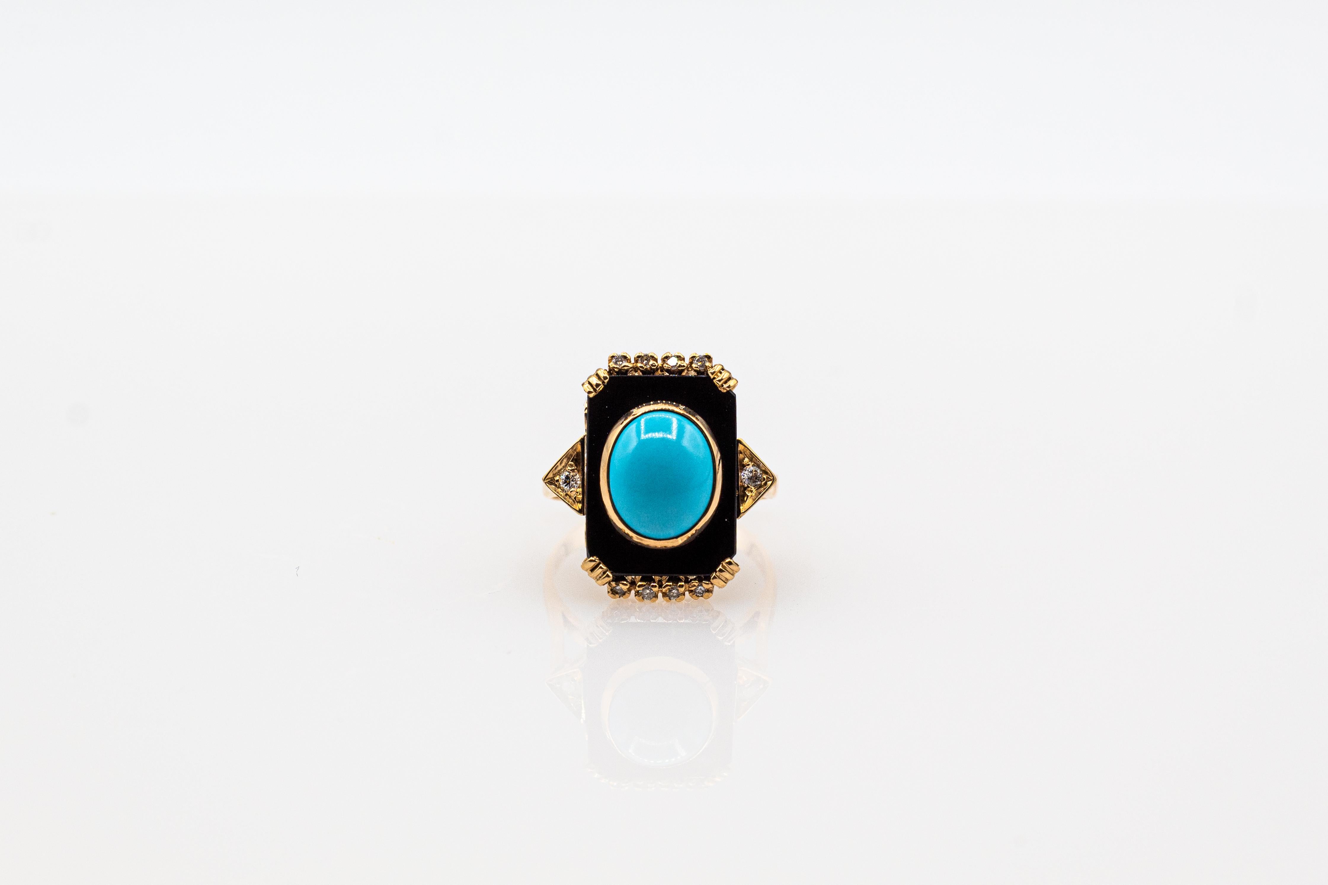 Art Deco Style Turquoise Onyx 0.18 Carat White Diamond Yellow Gold Cocktail Ring 3