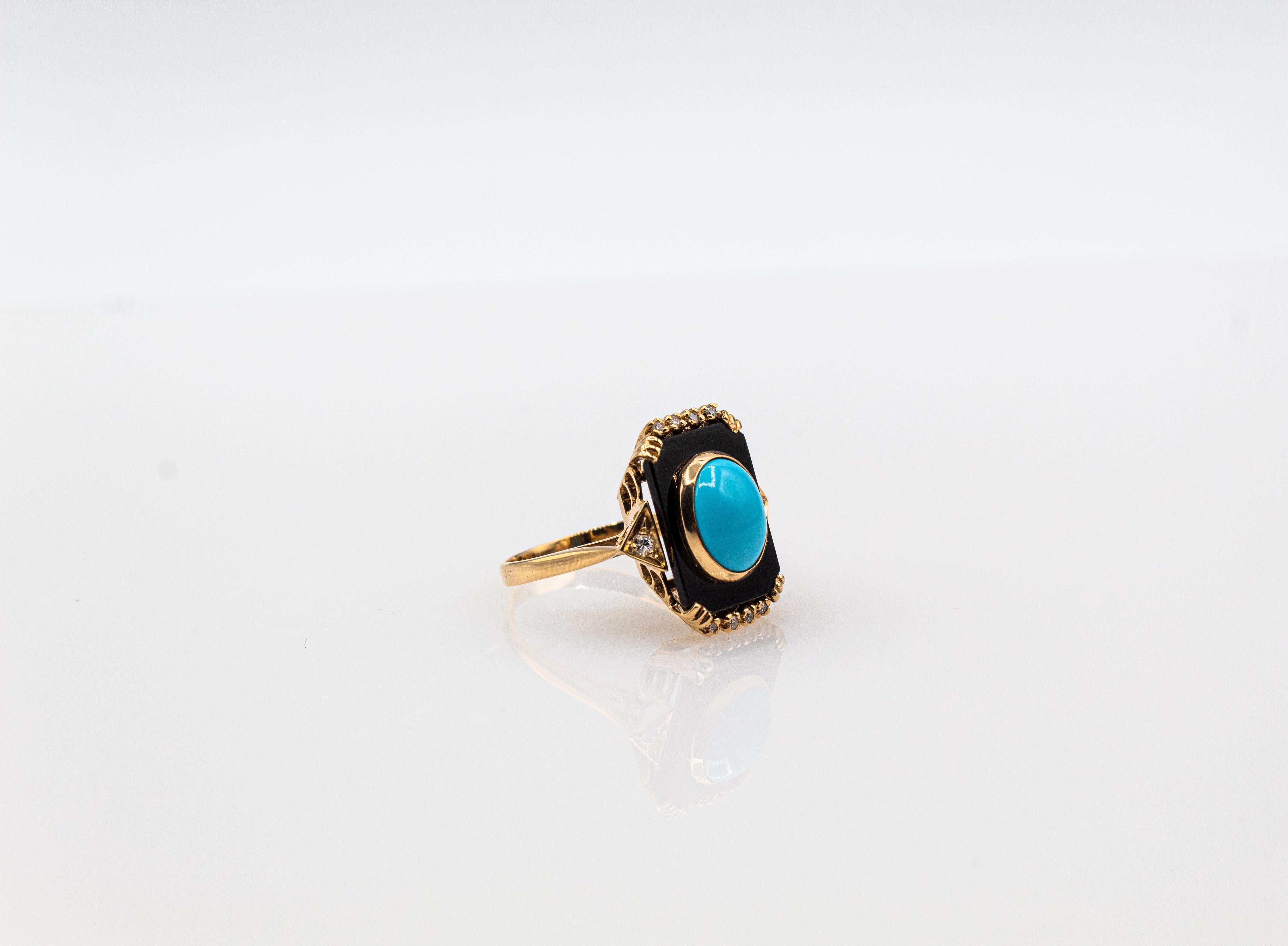 Art Deco Style Turquoise Onyx 0.18 Carat White Diamond Yellow Gold Cocktail Ring For Sale 4