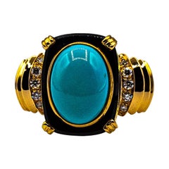 Art Deco Style Turquoise Onyx 0.18 Carat White Diamond Yellow Gold Cocktail Ring