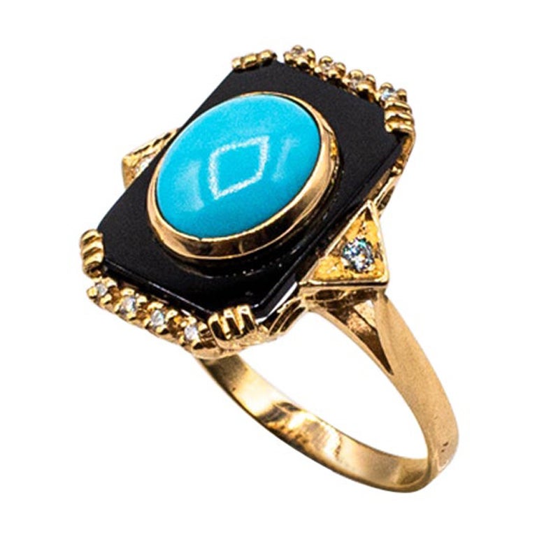 Gelbgold-Cocktailring im Art-déco-Stil mit Türkis-Onyx und 0,18 Karat weißem Diamant