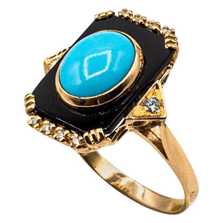 Art Deco Style Turquoise Onyx 0.18 Carat White Diamond Yellow Gold Cocktail Ring For Sale