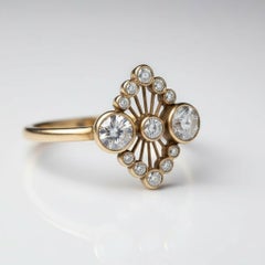 Art-deco style two moissanite 14k gold ring