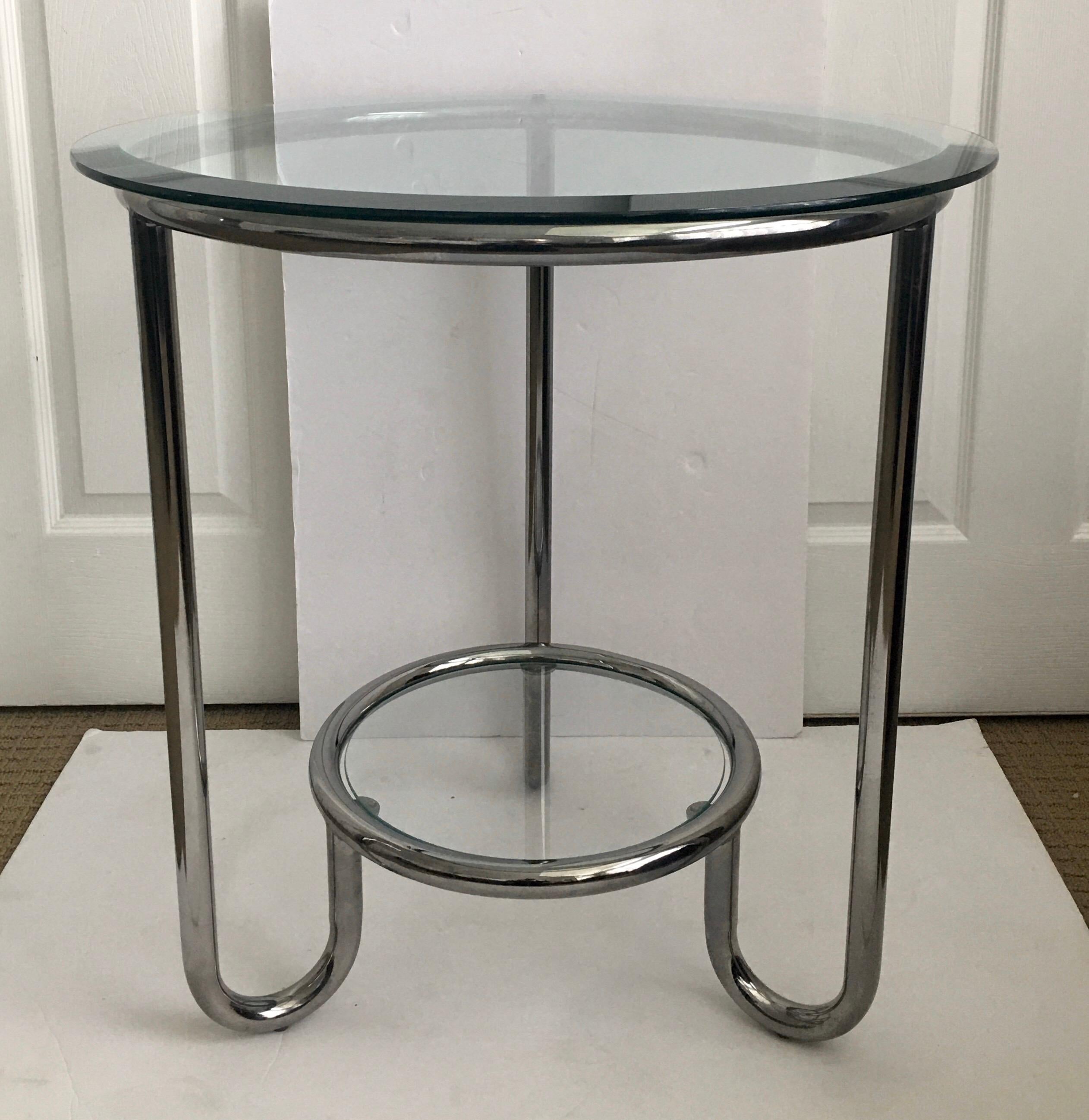 Mid-Century Modern Art Deco Style Two-Tier Round Modern Tubular Chrome and Glass End Side Table