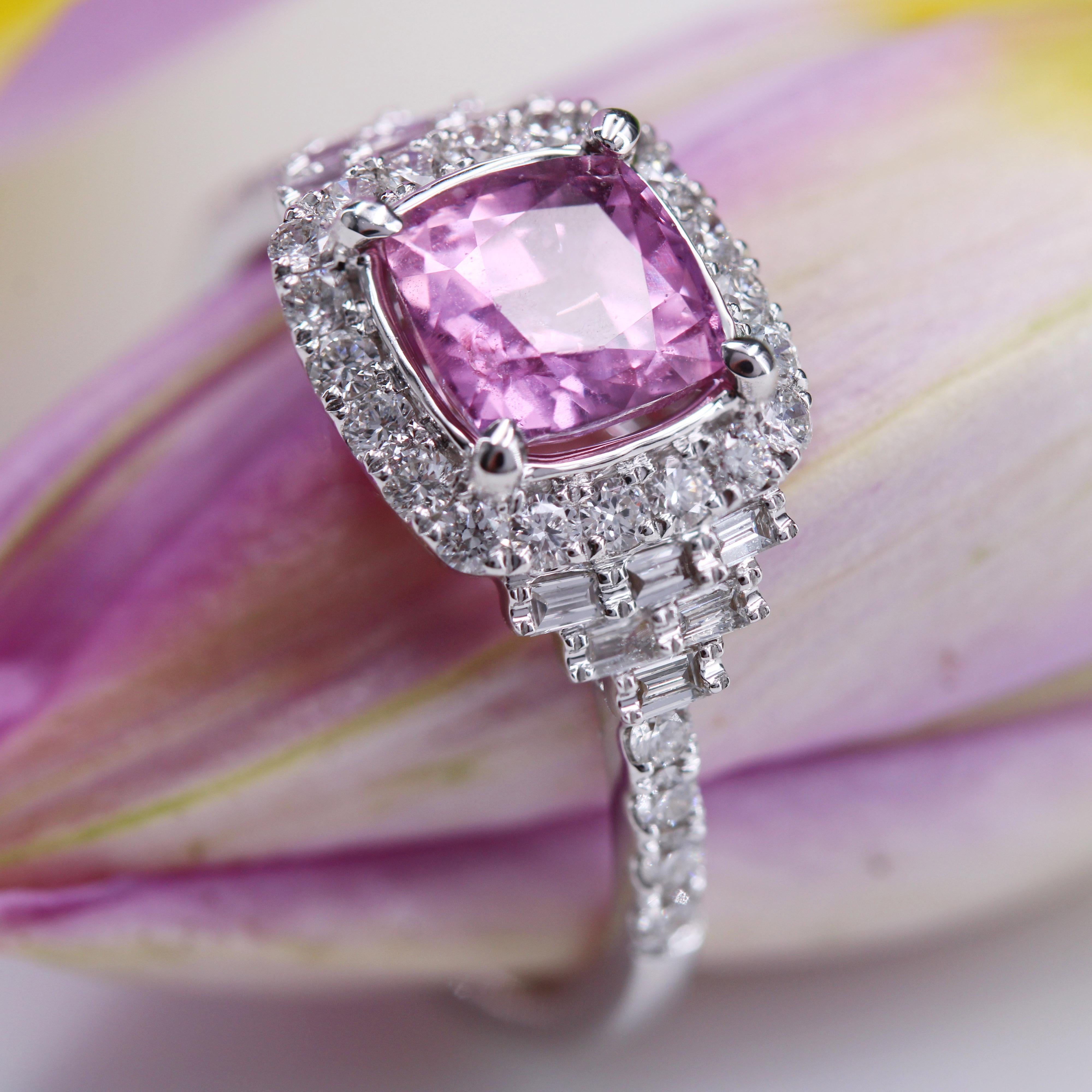 Art Deco Style Unheated Pink Ceylon Sapphire Diamonds 18 Karat White Gold Ring For Sale 4