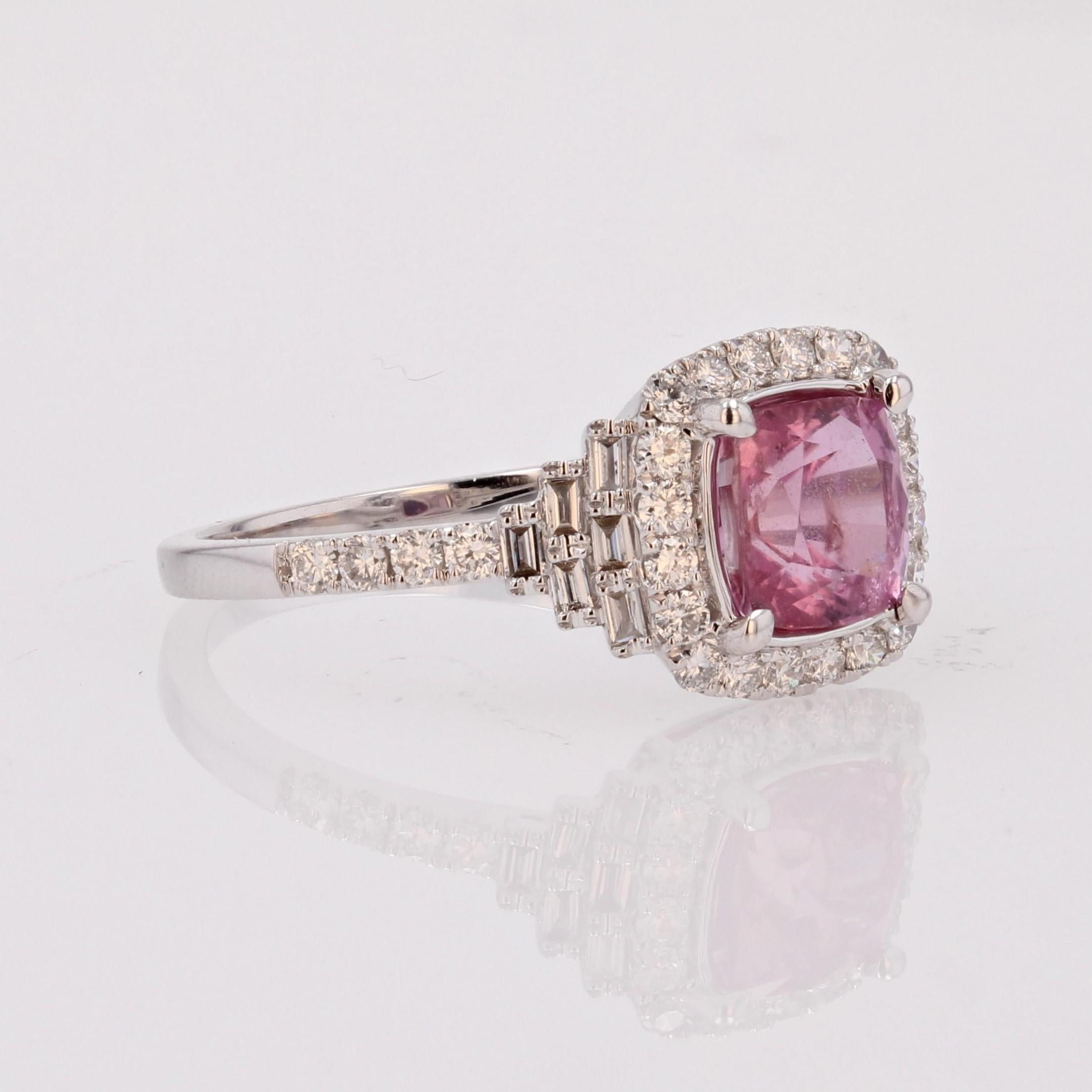 Art Deco Style Unheated Pink Ceylon Sapphire Diamonds 18 Karat White Gold Ring For Sale 5