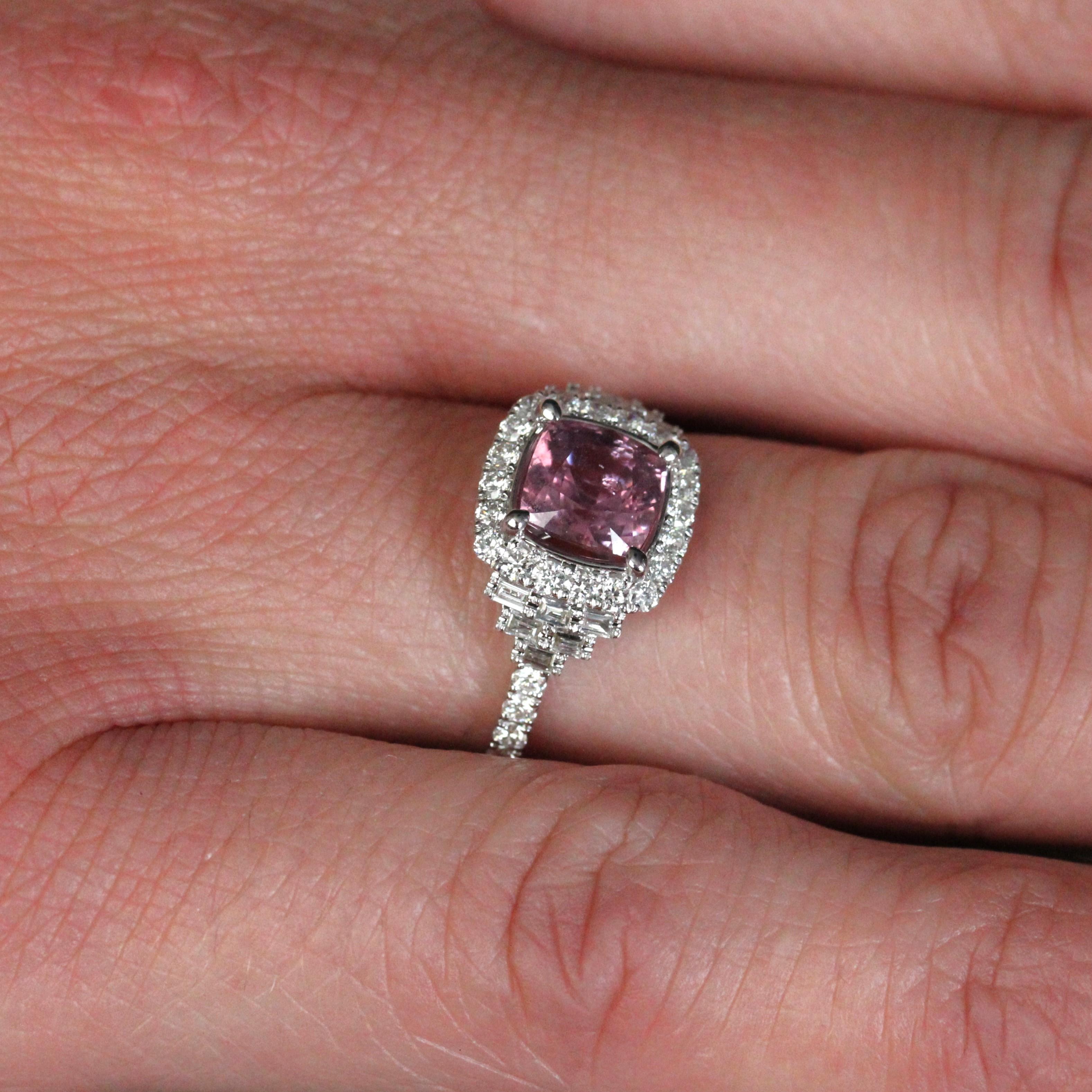 Art Deco Style Unheated Pink Ceylon Sapphire Diamonds 18 Karat White Gold Ring For Sale 6