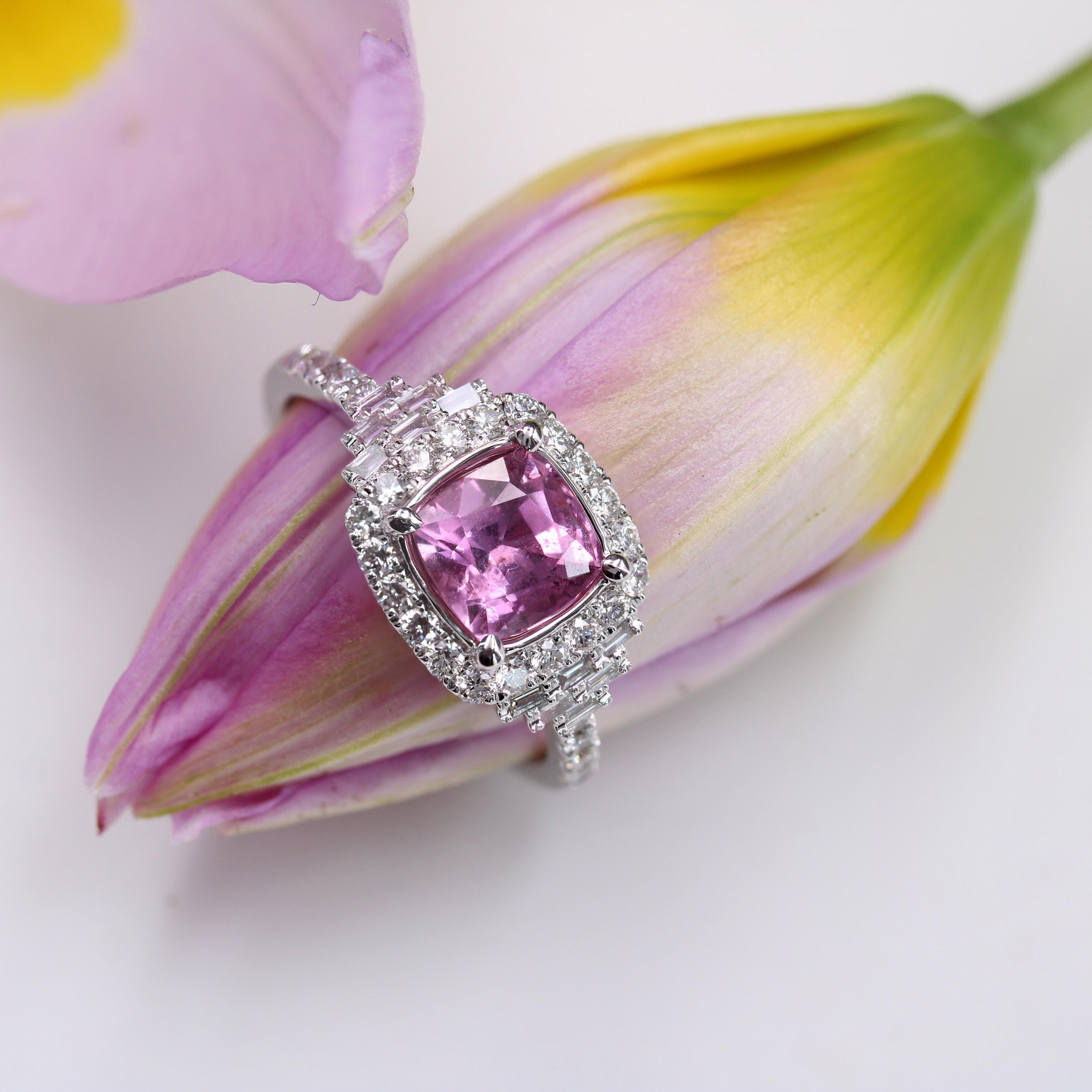 Art Deco Style Unheated Pink Ceylon Sapphire Diamonds 18 Karat White Gold Ring For Sale 7