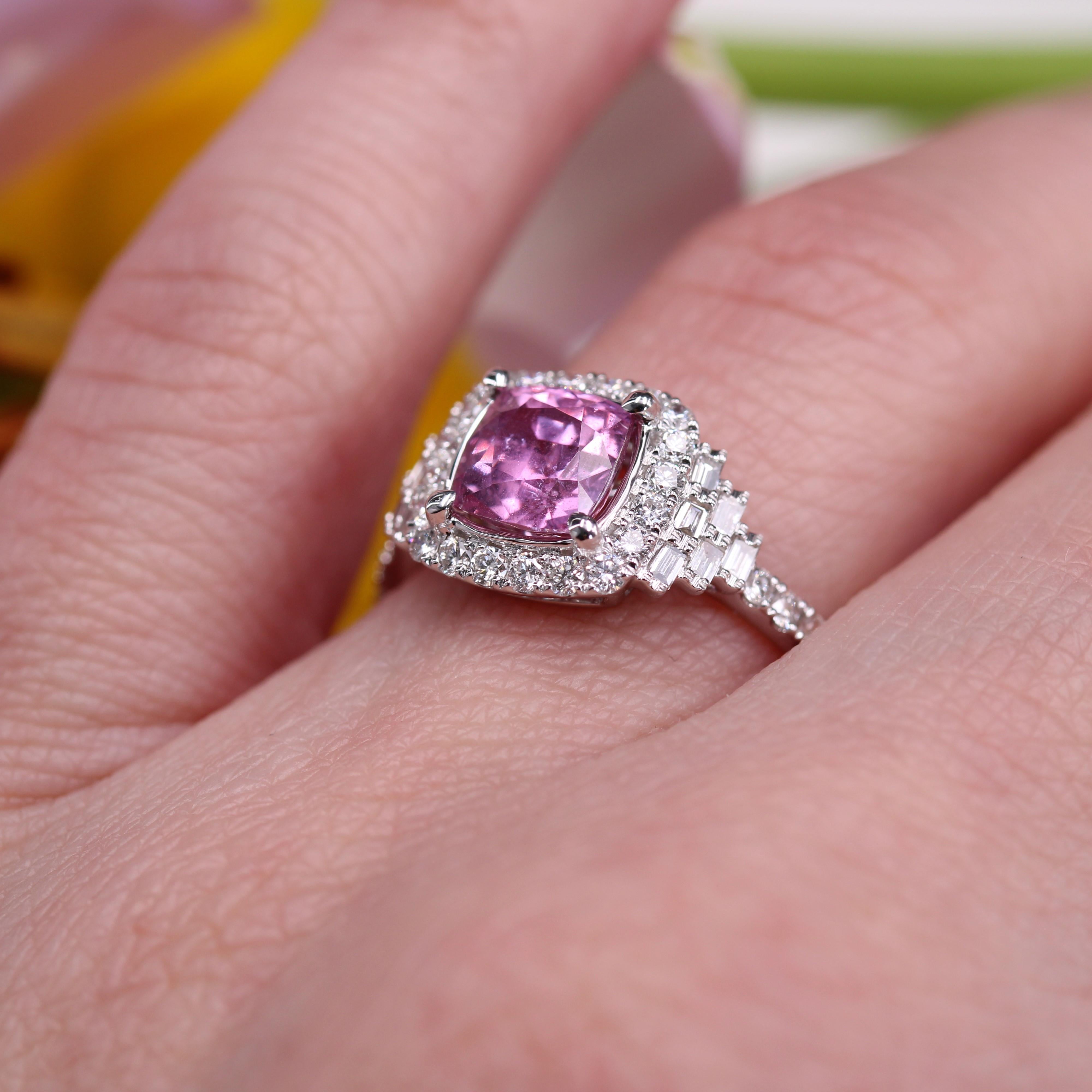 Art Deco Style Unheated Pink Ceylon Sapphire Diamonds 18 Karat White Gold Ring For Sale 8