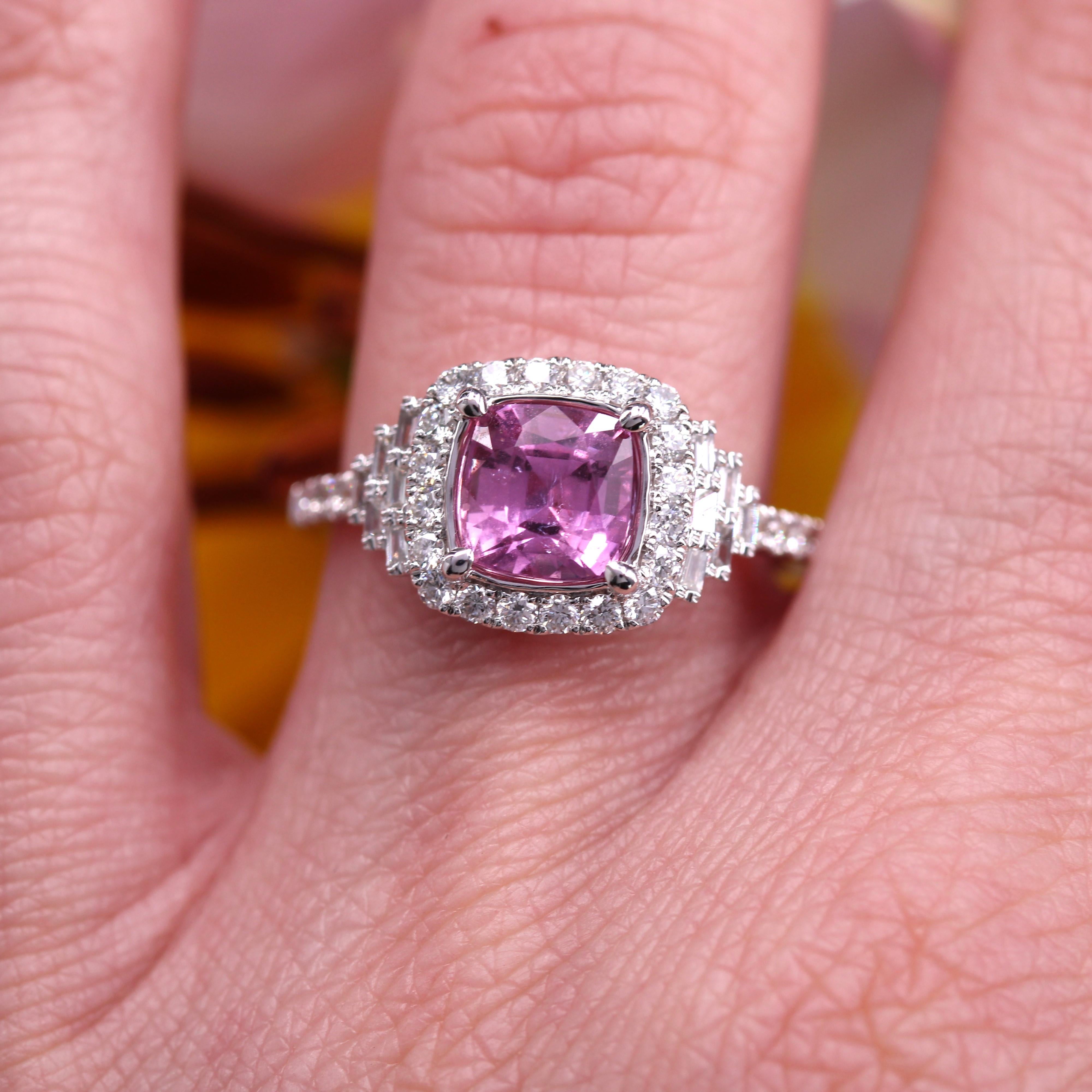 Art Deco Style Unheated Pink Ceylon Sapphire Diamonds 18 Karat White Gold Ring For Sale 9