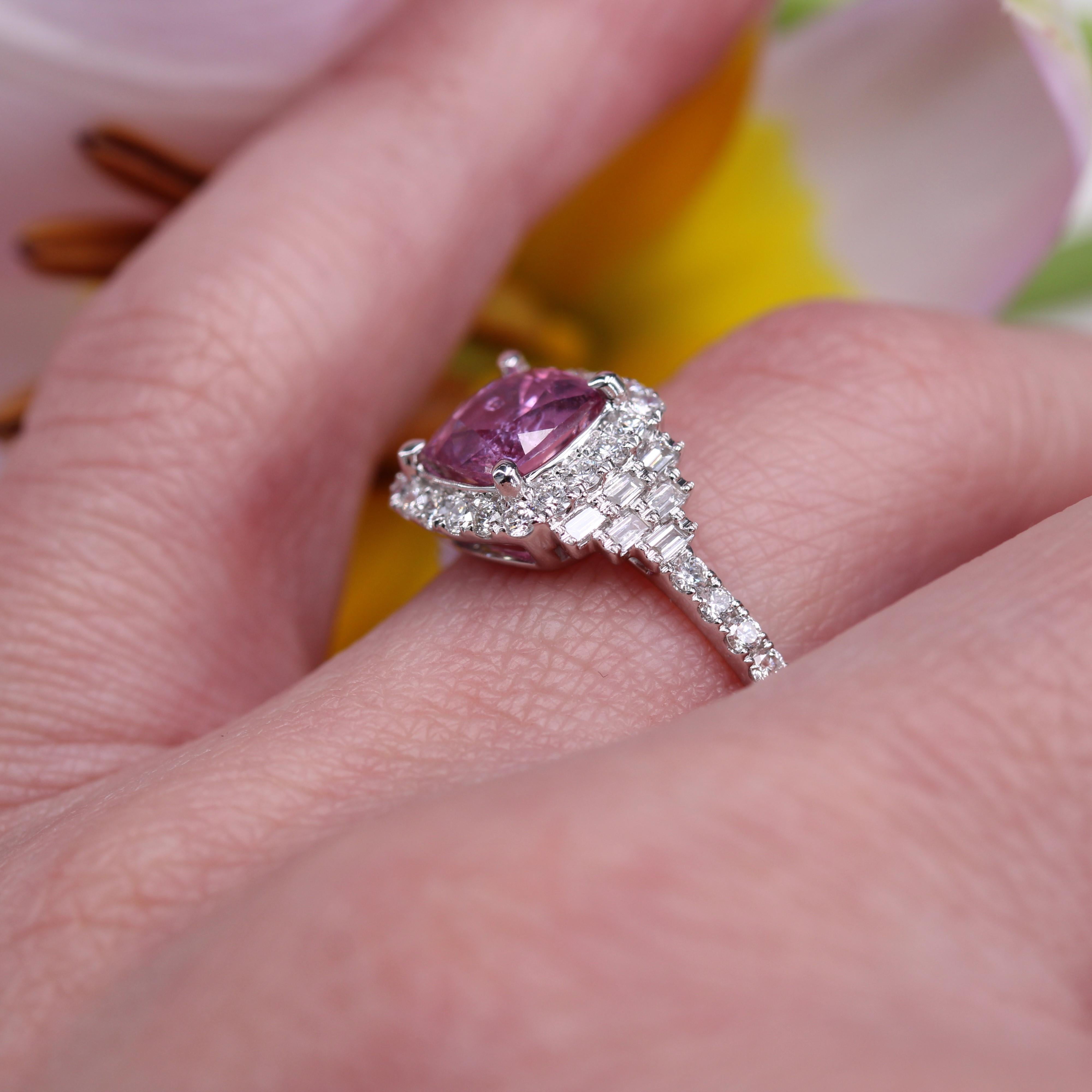 Art Deco Style Unheated Pink Ceylon Sapphire Diamonds 18 Karat White Gold Ring For Sale 10