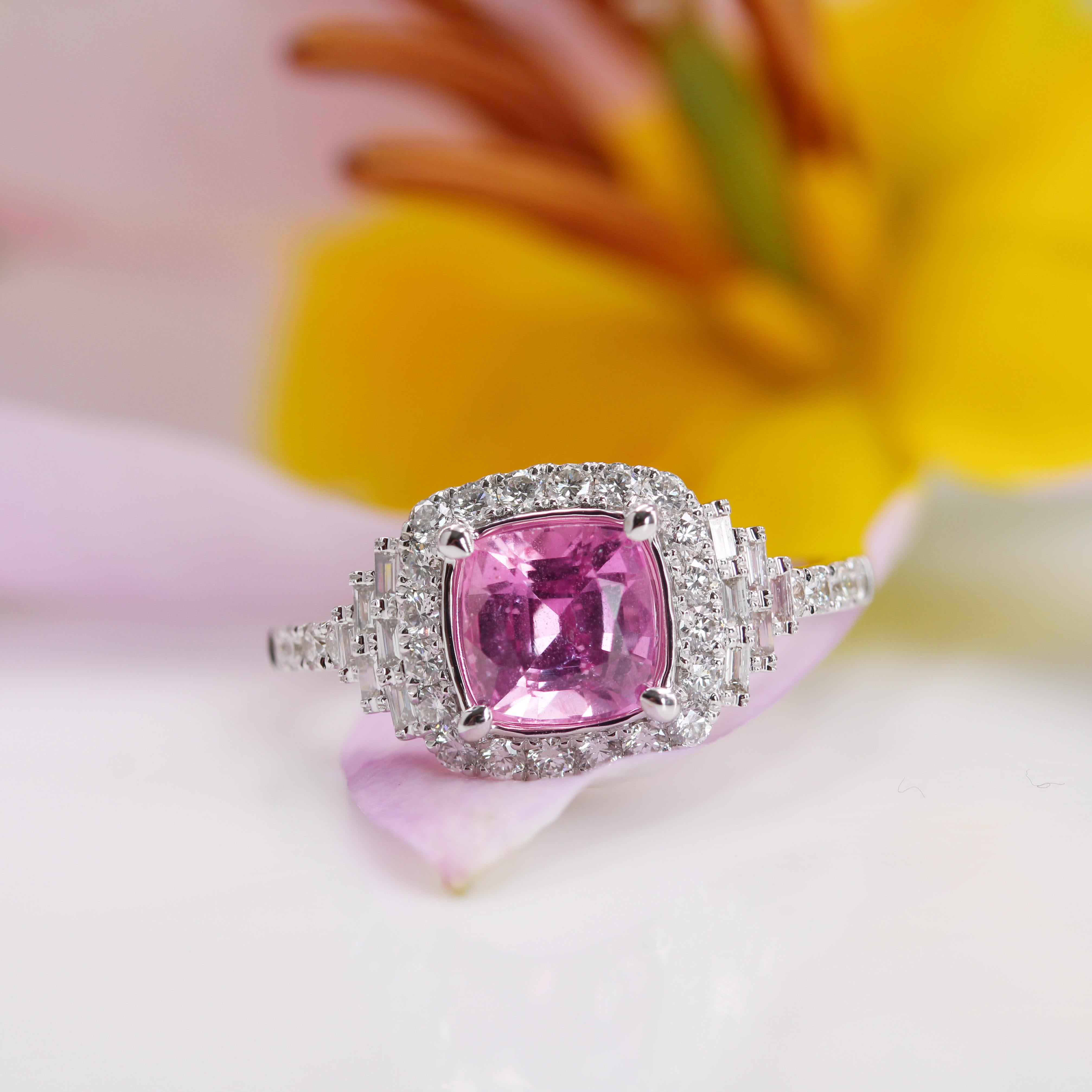 Modern Art Deco Style Unheated Pink Ceylon Sapphire Diamonds 18 Karat White Gold Ring For Sale