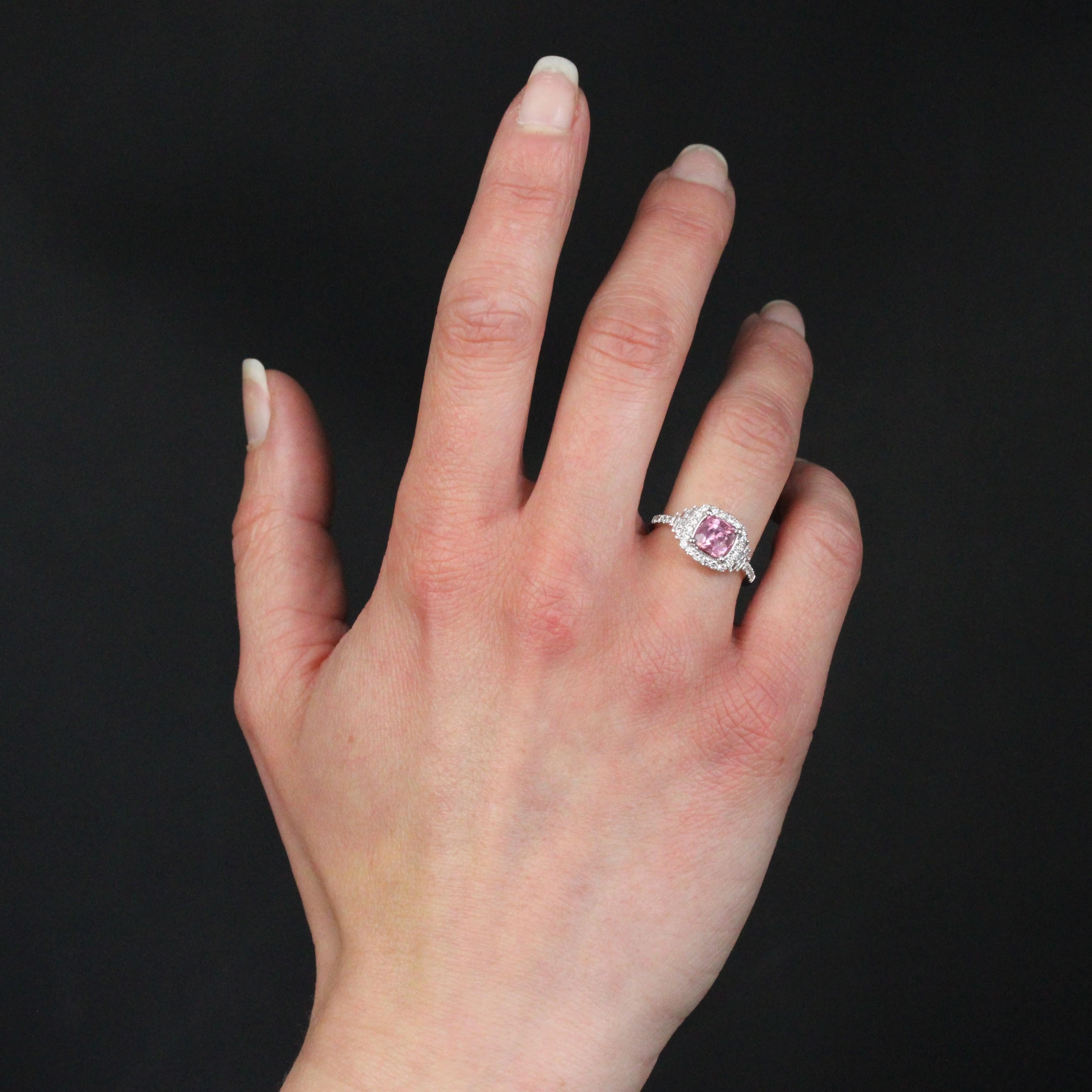 Cushion Cut Art Deco Style Unheated Pink Ceylon Sapphire Diamonds 18 Karat White Gold Ring For Sale