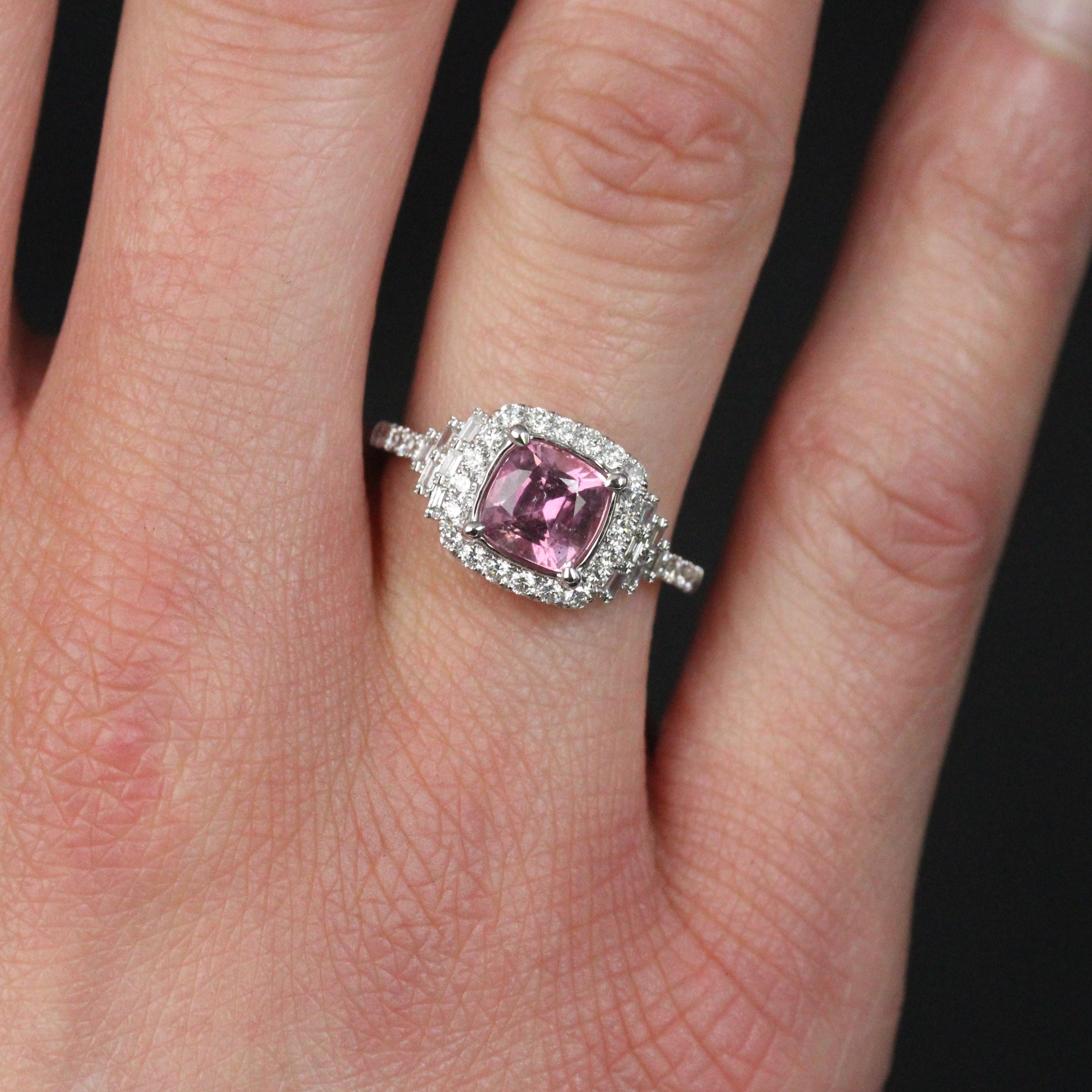 Women's Art Deco Style Unheated Pink Ceylon Sapphire Diamonds 18 Karat White Gold Ring For Sale