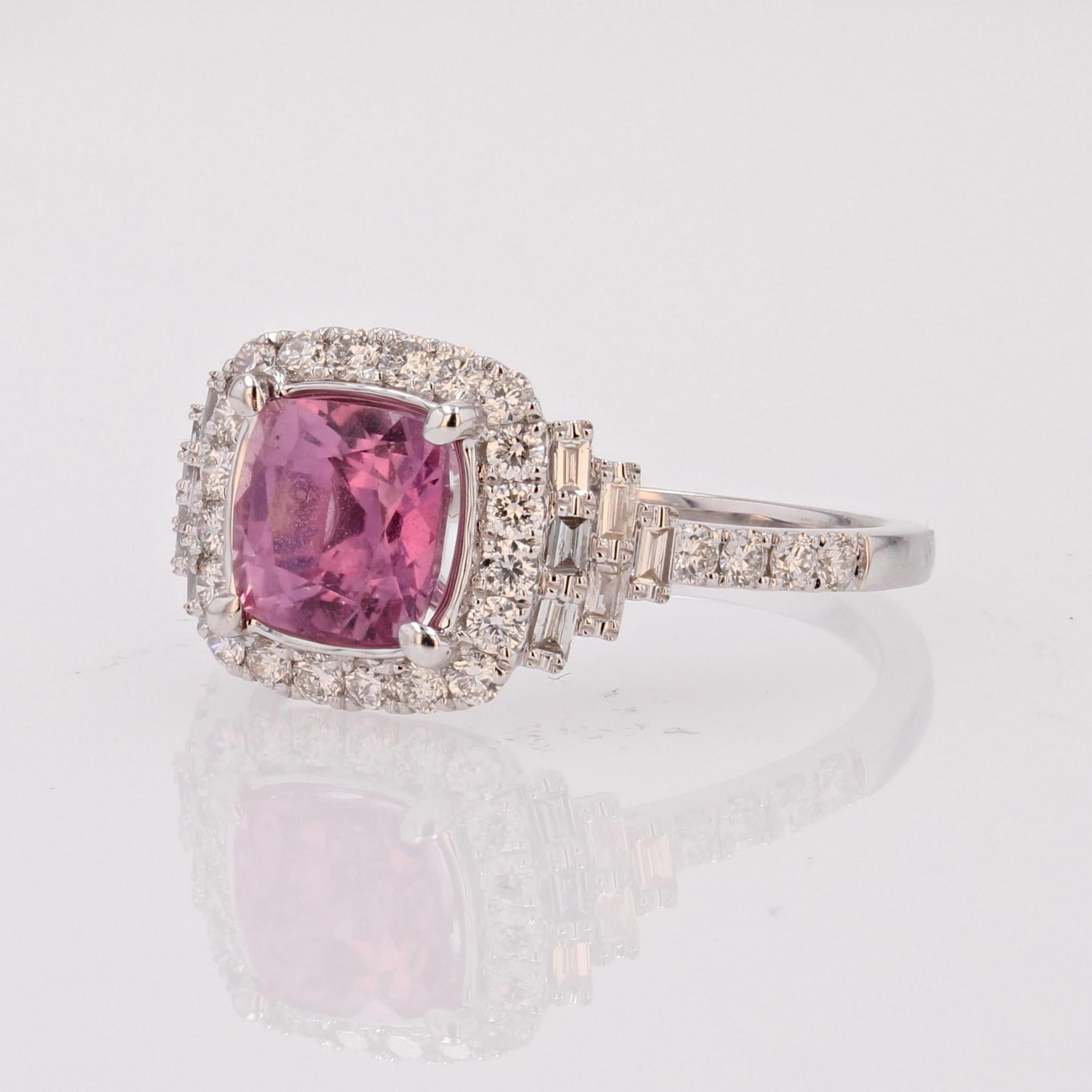 Art Deco Style Unheated Pink Ceylon Sapphire Diamonds 18 Karat White Gold Ring For Sale 2