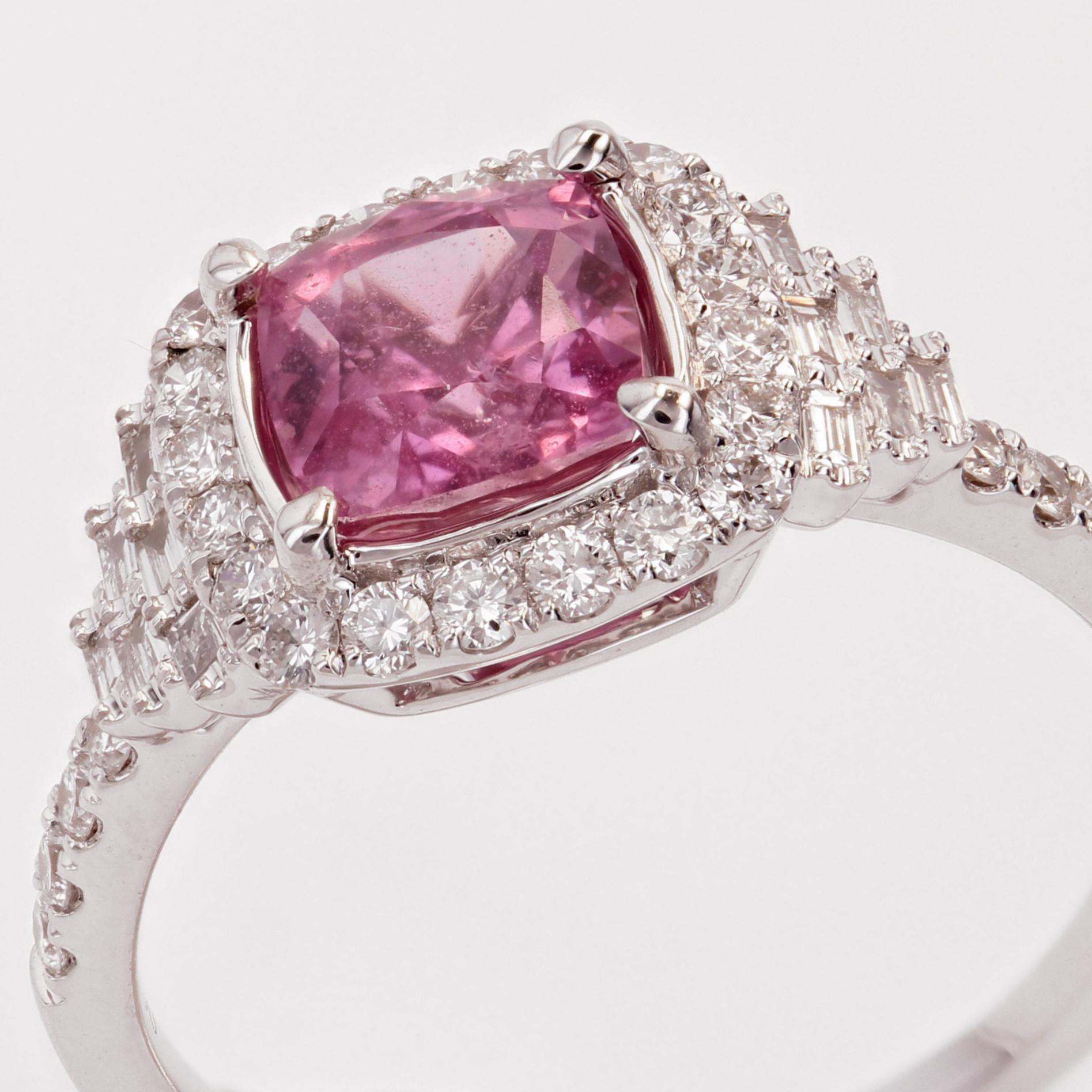 Art Deco Style Unheated Pink Ceylon Sapphire Diamonds 18 Karat White Gold Ring For Sale 3