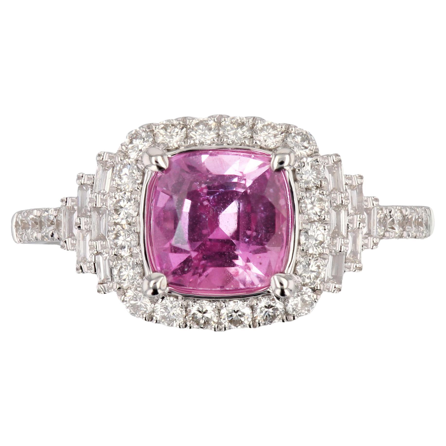 Art Deco Style Unheated Pink Ceylon Sapphire Diamonds 18 Karat White Gold Ring For Sale