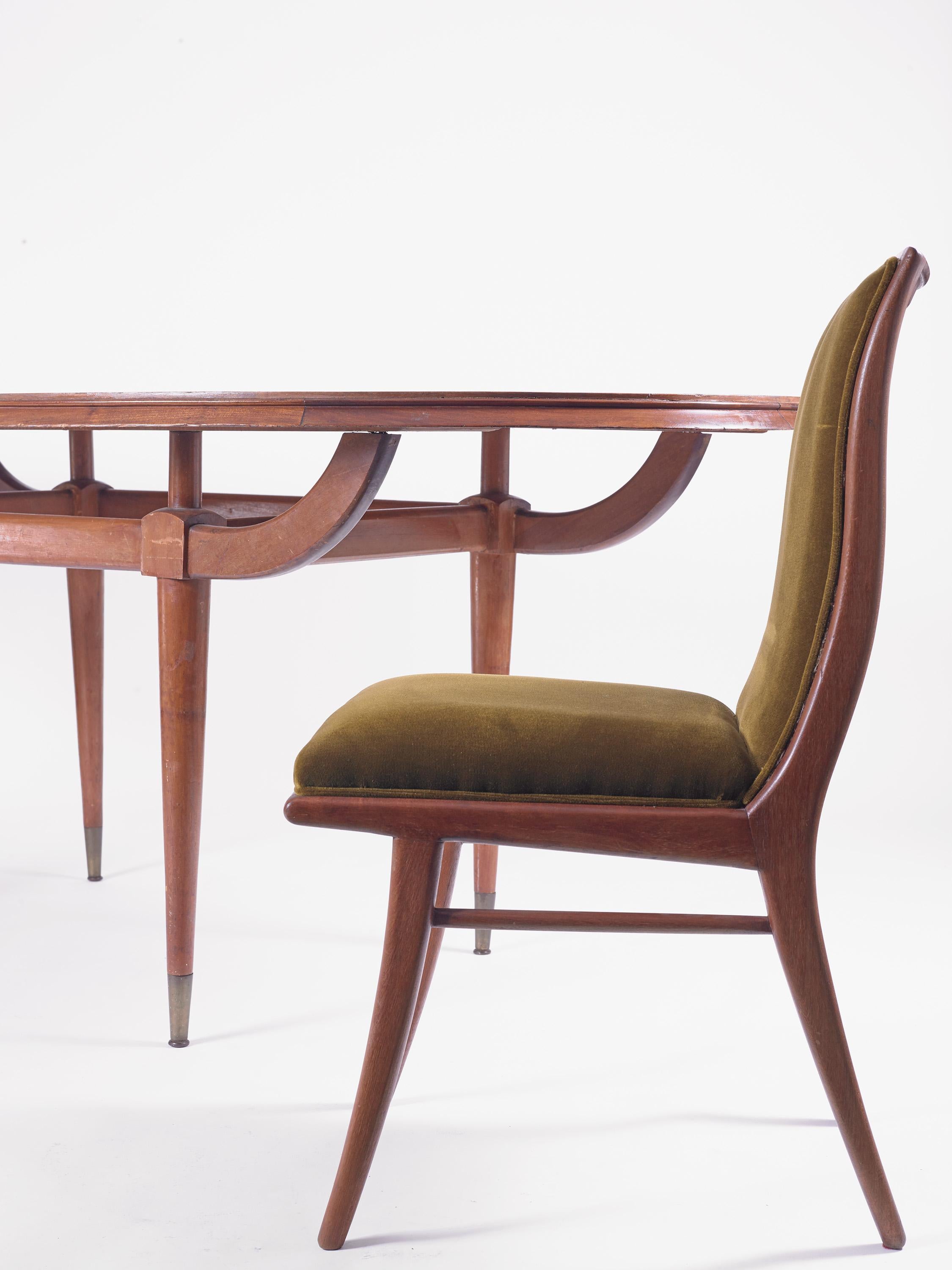 Offered are six (6) upholstered dining chairs that were imported from a private estate sale held in Buenos Aires, Argentina. They resemble the Walnut wood 