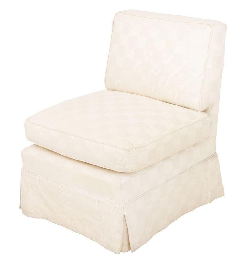 Sedia Slipper in cotone bianco imbottita in stile Art Deco, con motivo a scacchi. 25,25