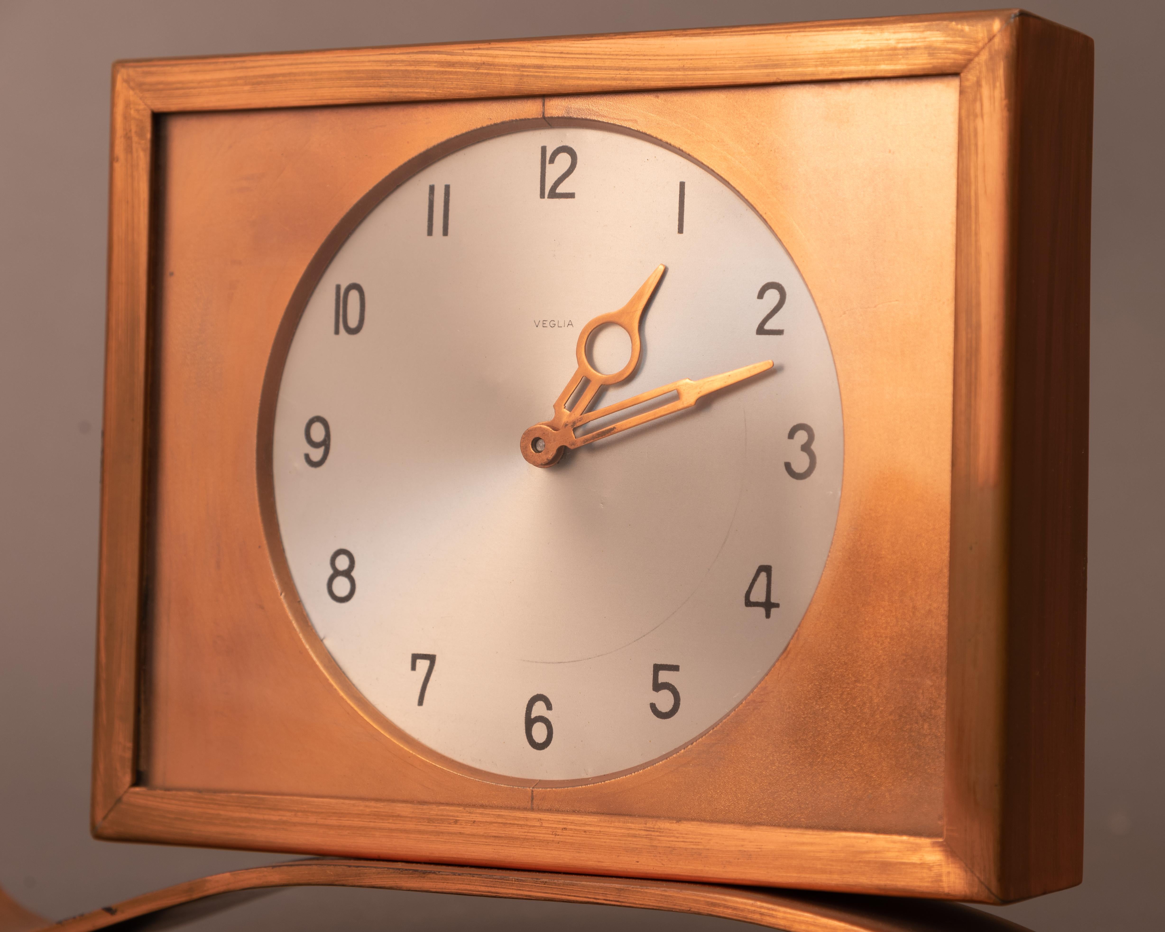 Italian Art Deco Style Copper Veglia Table Clock from Fratelli Borletti Milan For Sale