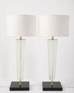 Art Deco Style Venetian Glass Lamps in Clear Glass with Black Glass Base, Signed