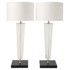 Art Deco Style Venetian Glass Lamps in Clear Glass with Black Glass Base, Signed