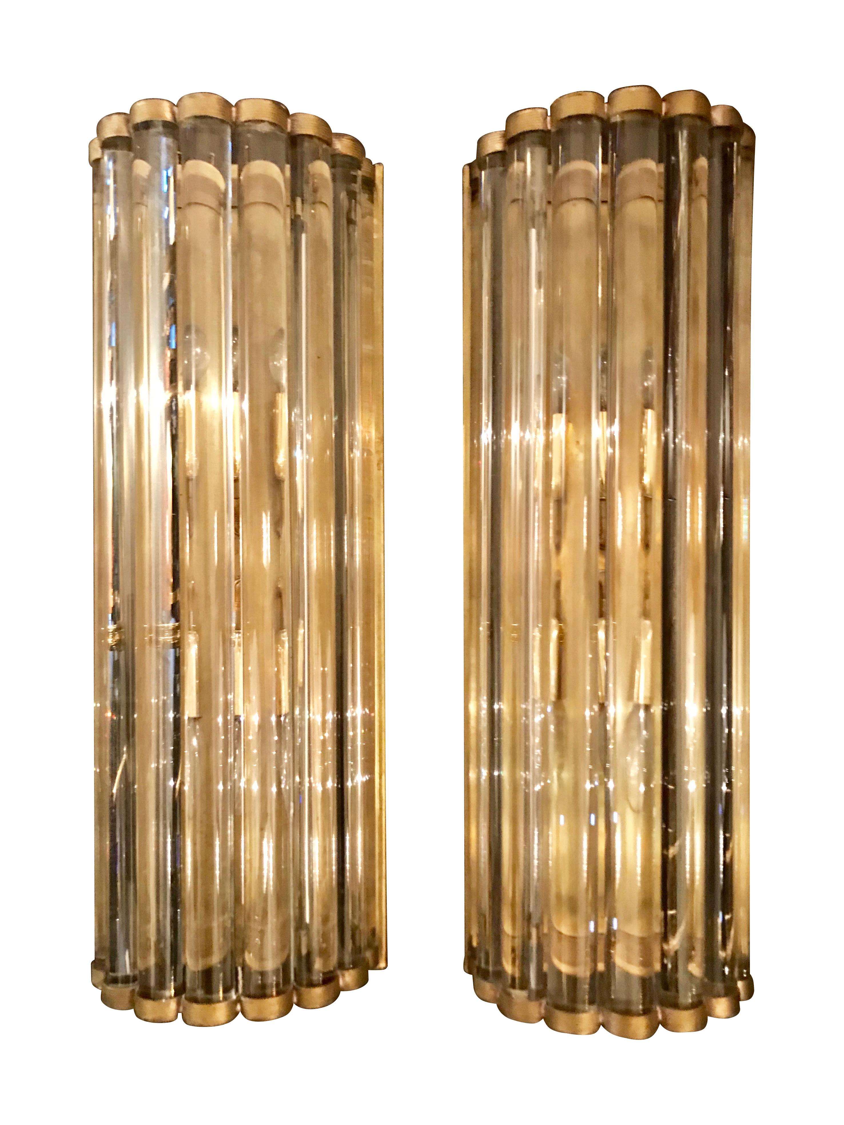 Art Deco Style Venini Glass Rod and Brass Wall Sconces 5
