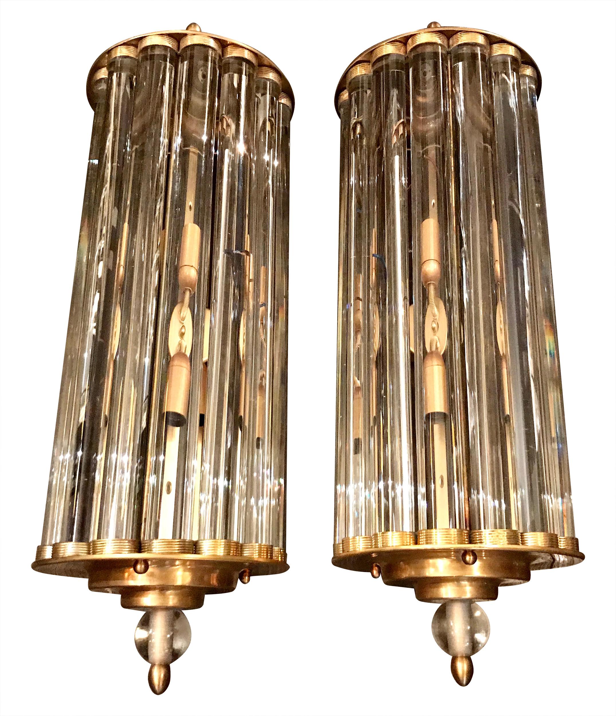 Art Deco Style Venini Glass Rod and Brass Wall Sconces In New Condition In London, GB