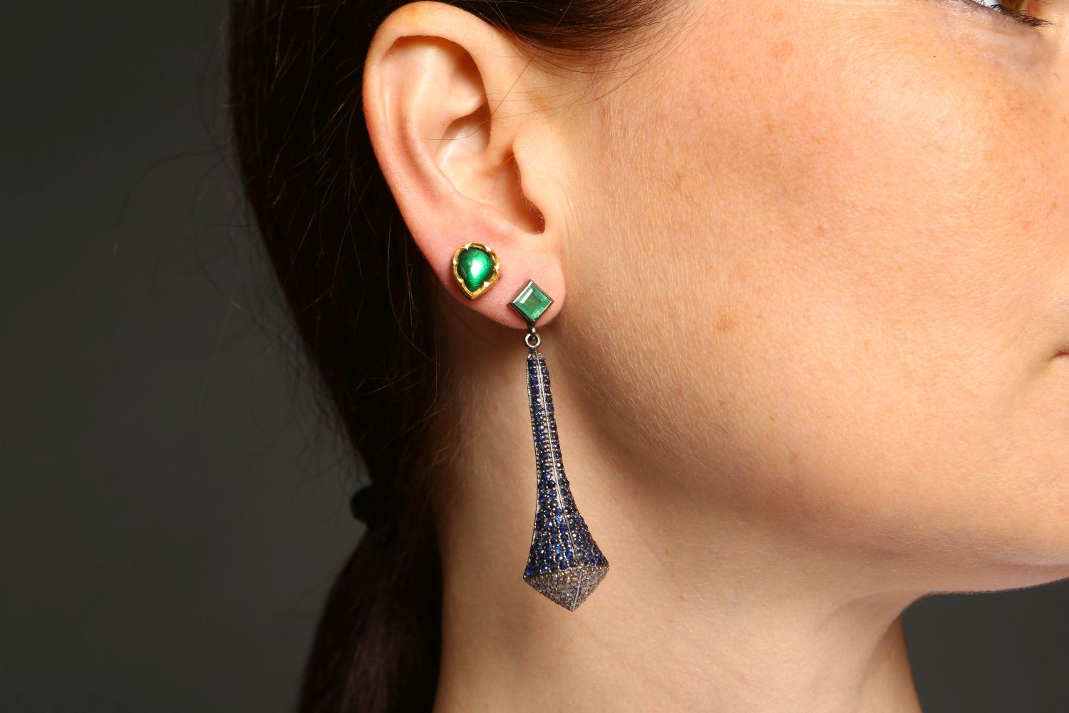 Art Deco Style Victorian Sapphire and Emerald Drop Earrings 1