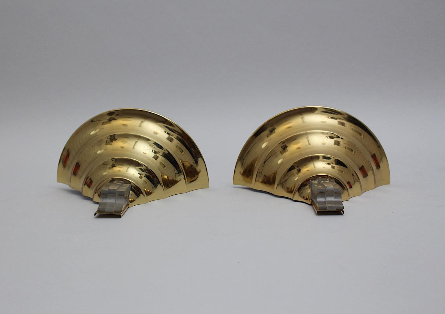 Art Deco Style Vintage Brass Lucite Sconces Wall Lights Duo Pair 1980s Italy For Sale 2