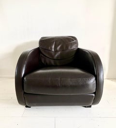 Art Deco Style Vintage Brown Leather Lounge Chair by Roche Bobois