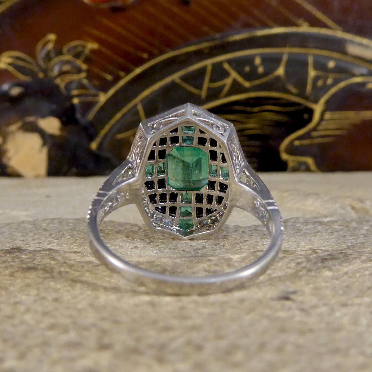 Brilliant Cut Art Deco Style Vintage Emerald Onyx and Diamond Geometric Cluster Ring in Plat