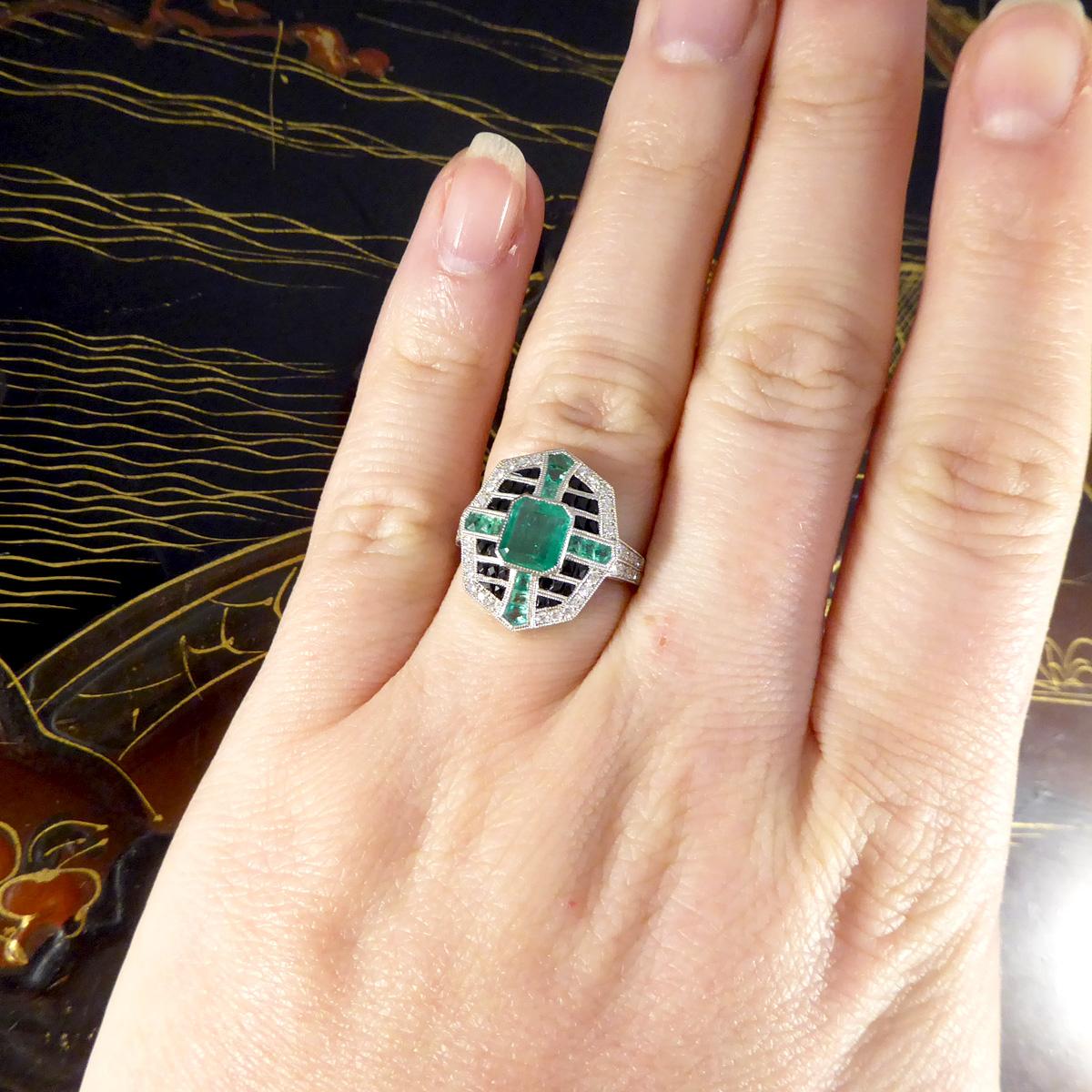 Women's or Men's Art Deco Style Vintage Emerald Onyx and Diamond Geometric Cluster Ring in Plat