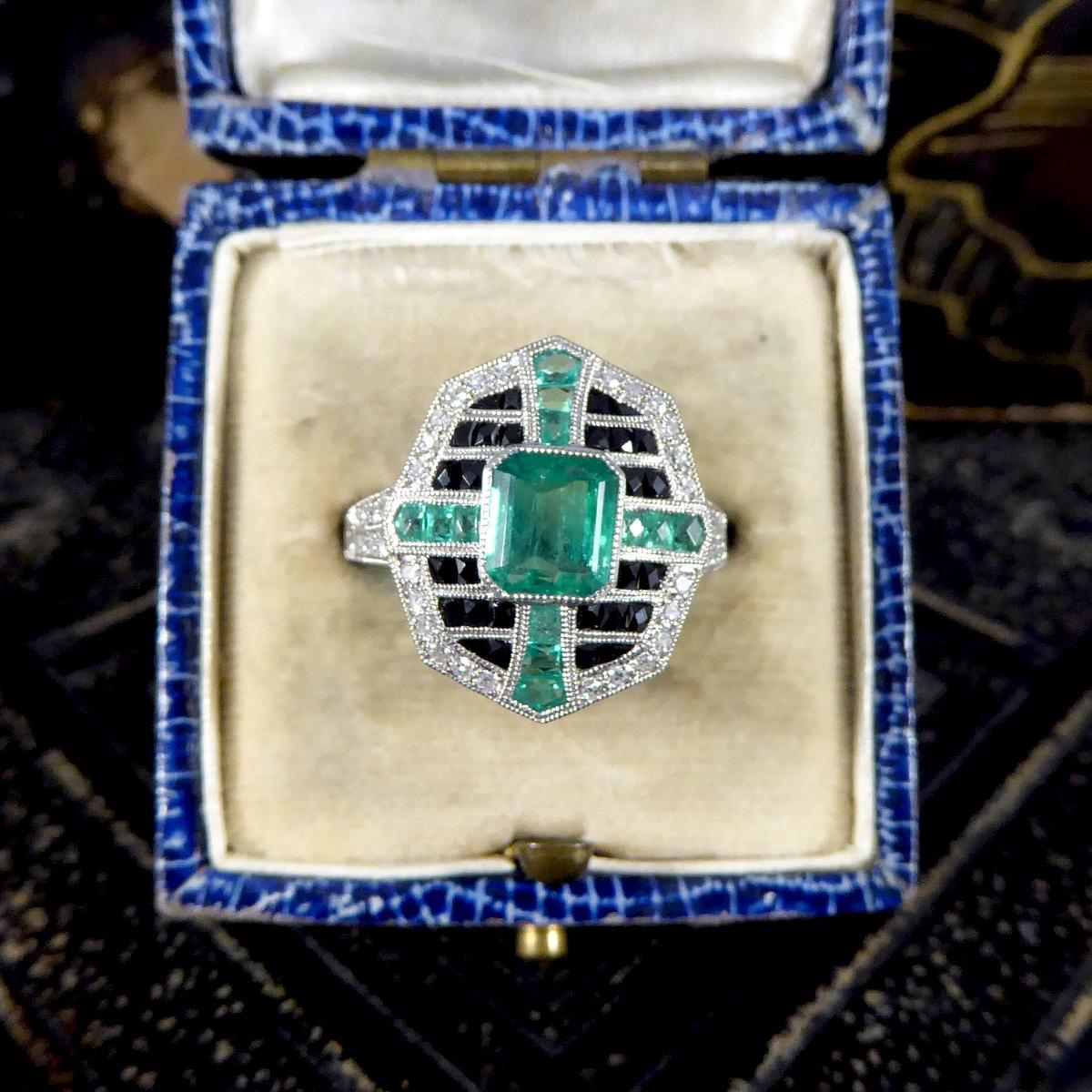 Art Deco Style Vintage Emerald Onyx and Diamond Geometric Cluster Ring in Plat 1
