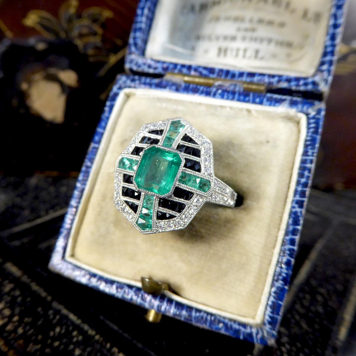 Art Deco Style Vintage Emerald Onyx and Diamond Geometric Cluster Ring in Plat 2