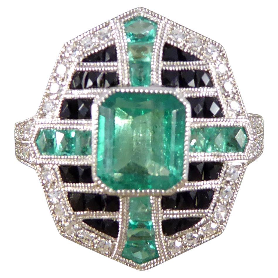 Art Deco Style Vintage Emerald Onyx and Diamond Geometric Cluster Ring in Plat