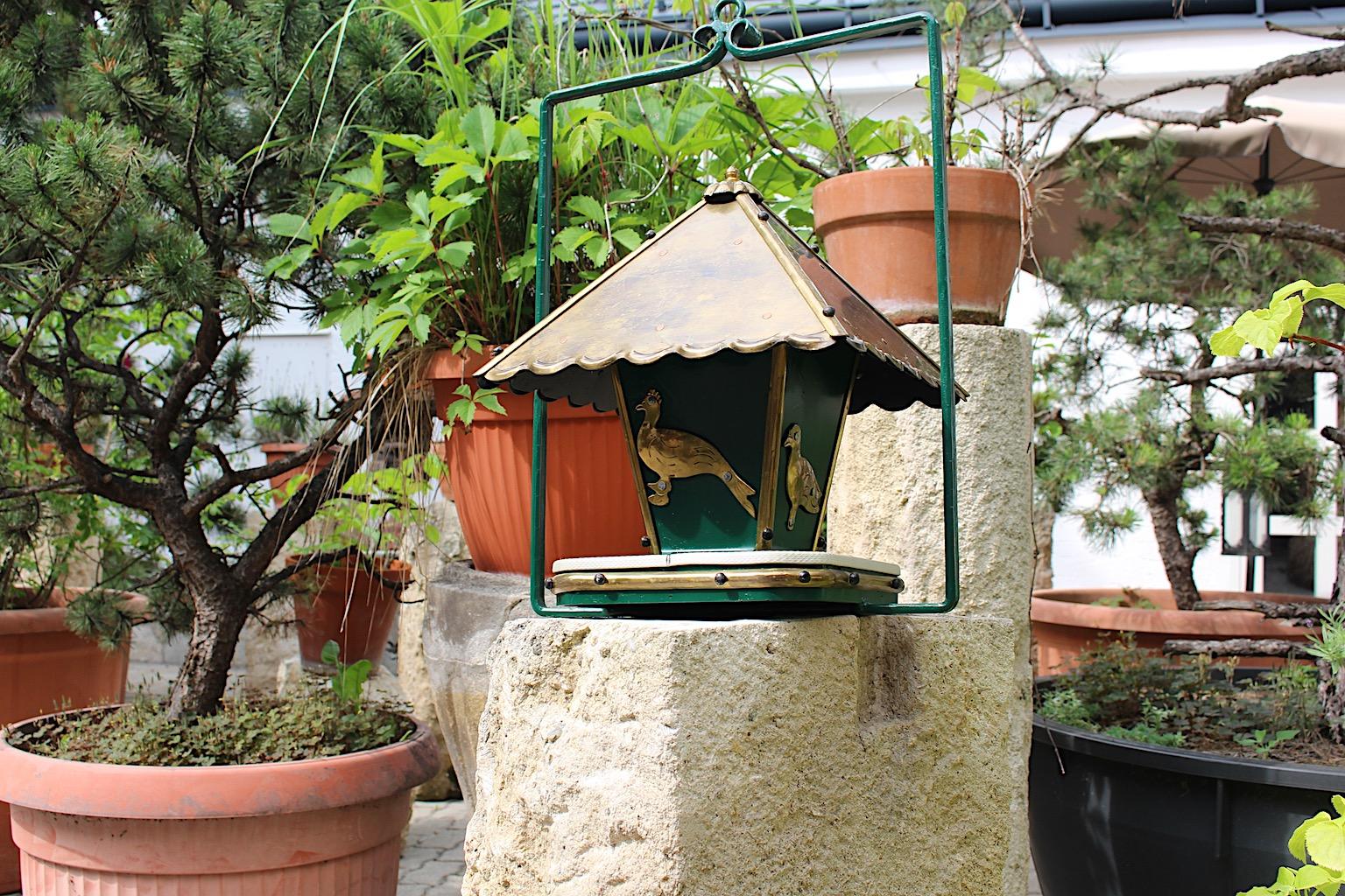 Austrian Art Deco Style Vintage Pagoda Brass Metal Green Gold Birdhouse, 1980s, Austria For Sale