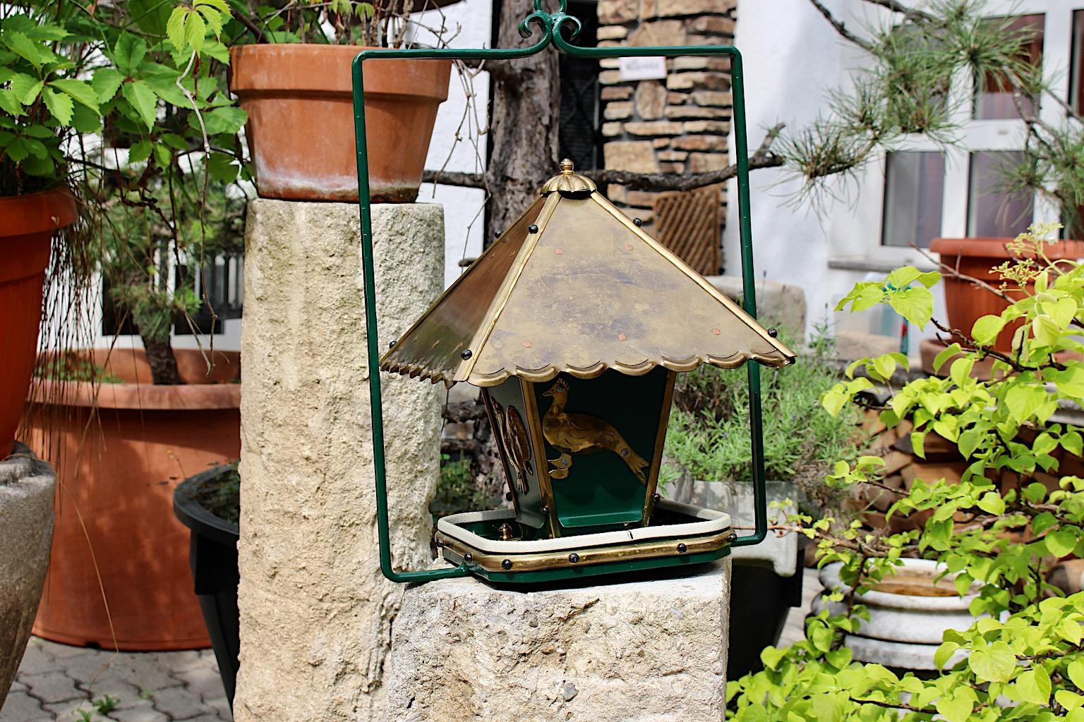 20th Century Art Deco Style Vintage Pagoda Brass Metal Green Gold Birdhouse, 1980s, Austria For Sale