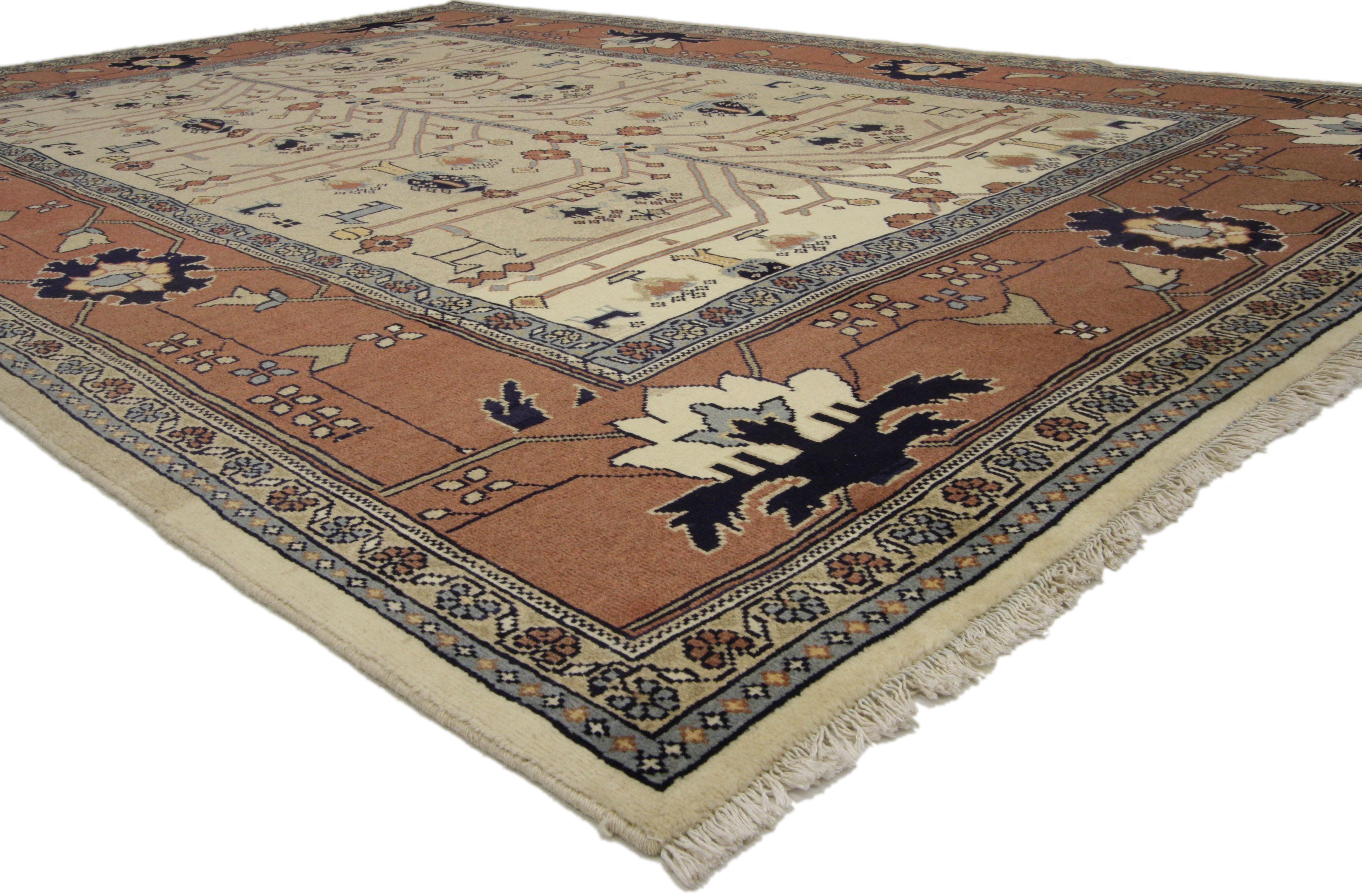 75092, Art Deco style vintage Persian Mahal area rug with tree of life design. This hand knotted wool vintage Persian Mahal rug features a tree of life design ornamented with animals, rosettes, stylized flowers, blooming palmettes, organic shapes
