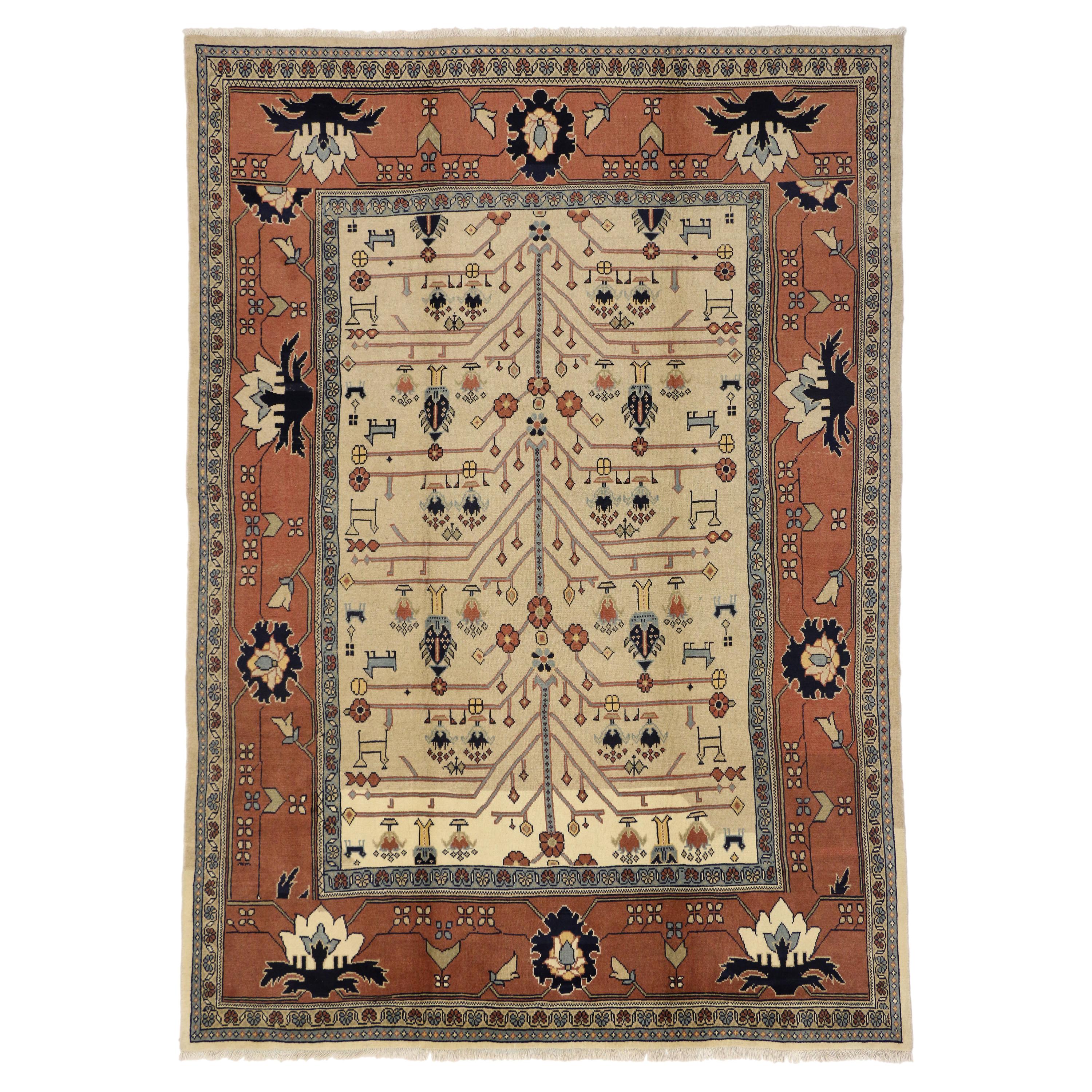Art Deco Style Vintage Persian Mahal Area Rug with Tree of Life Design