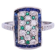 Art Deco Style Vintage Ring Platinum Diamond Sapphire Emerald Estate Jewelry